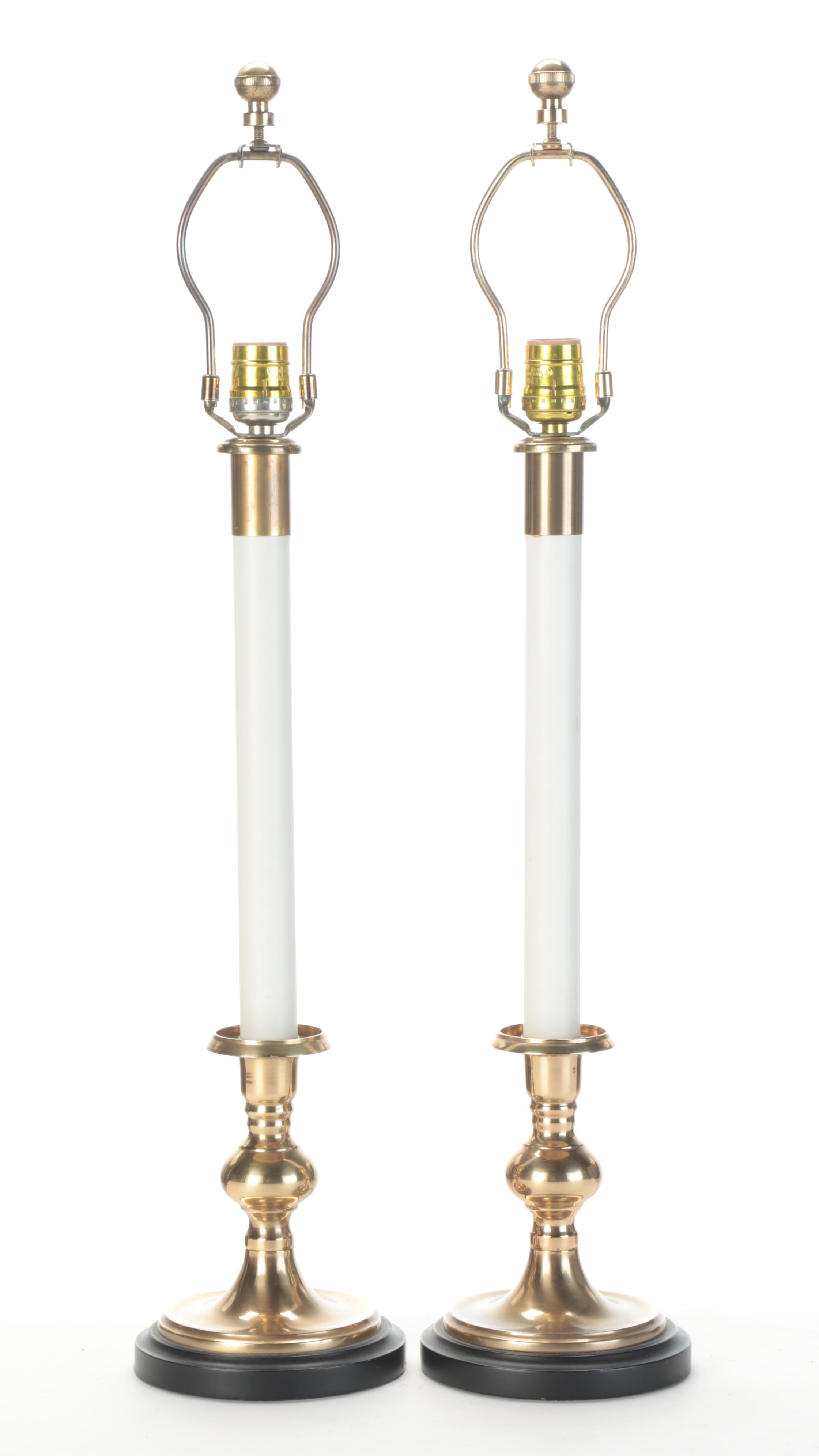 Pair of Frederick Cooper Brass Candlestick Buffet Lamps with Black Paper Shades