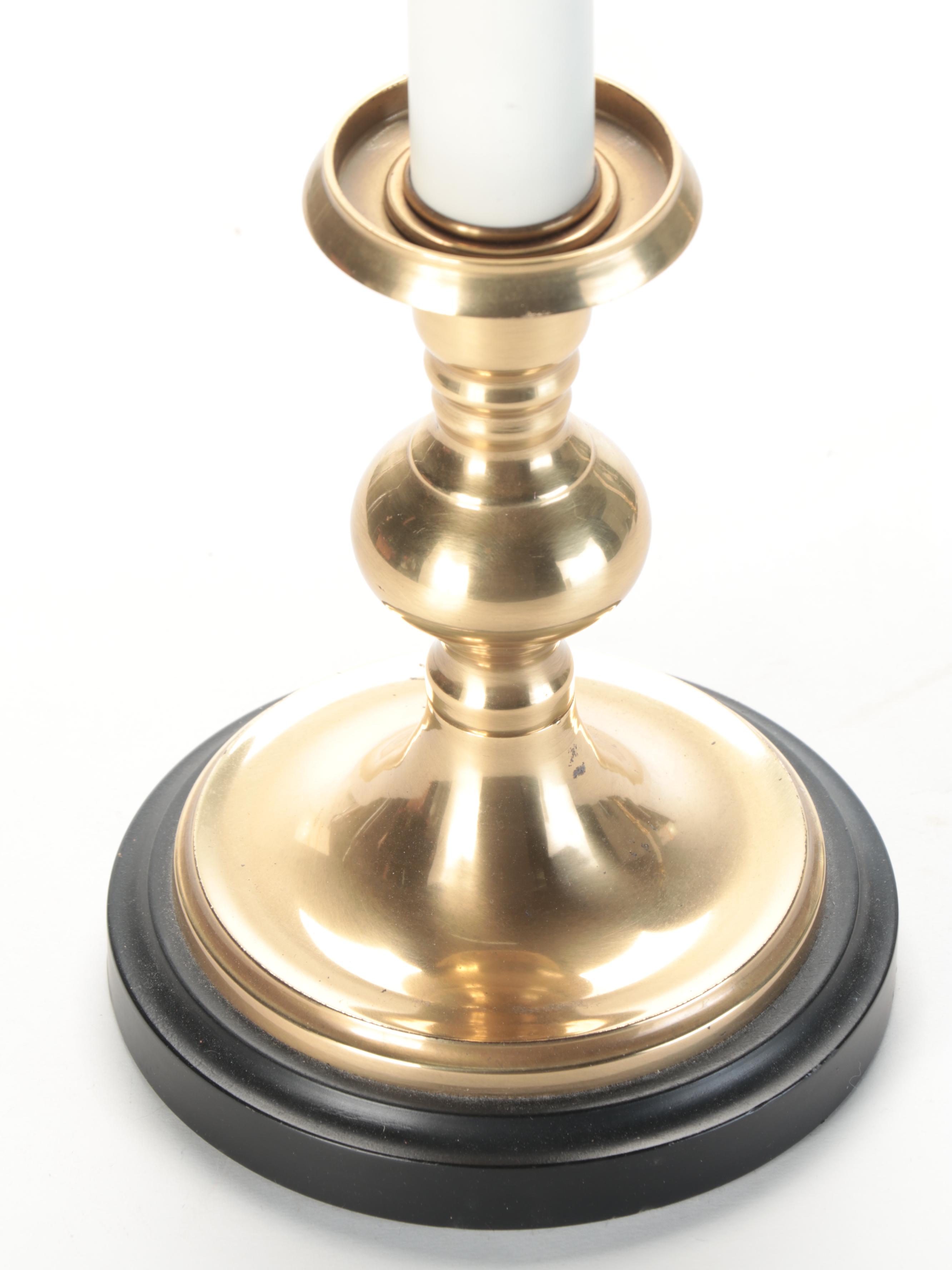 Pair of Frederick Cooper Brass Candlestick Buffet Lamps with Black Paper Shades