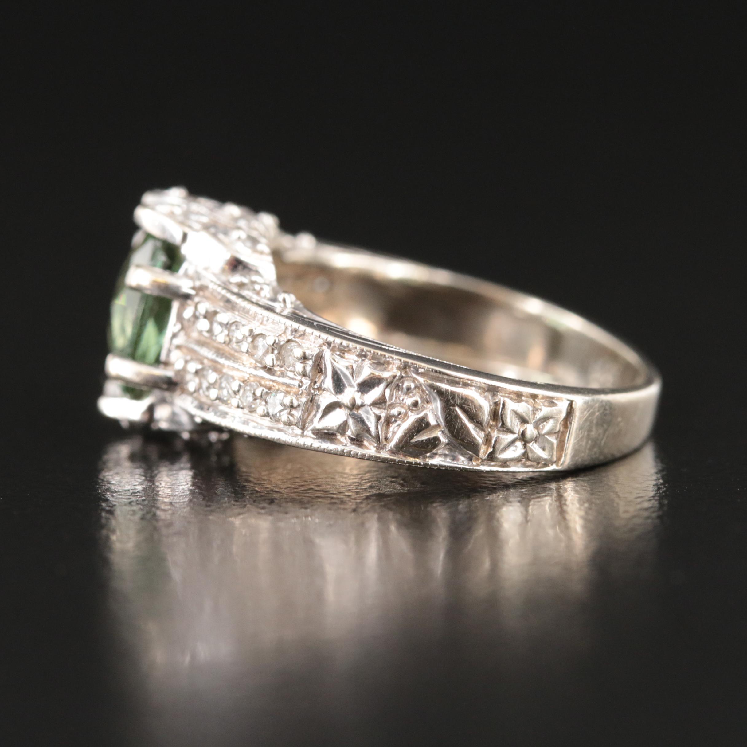 14K Tourmaline and Diamond Ring with Floral Accents