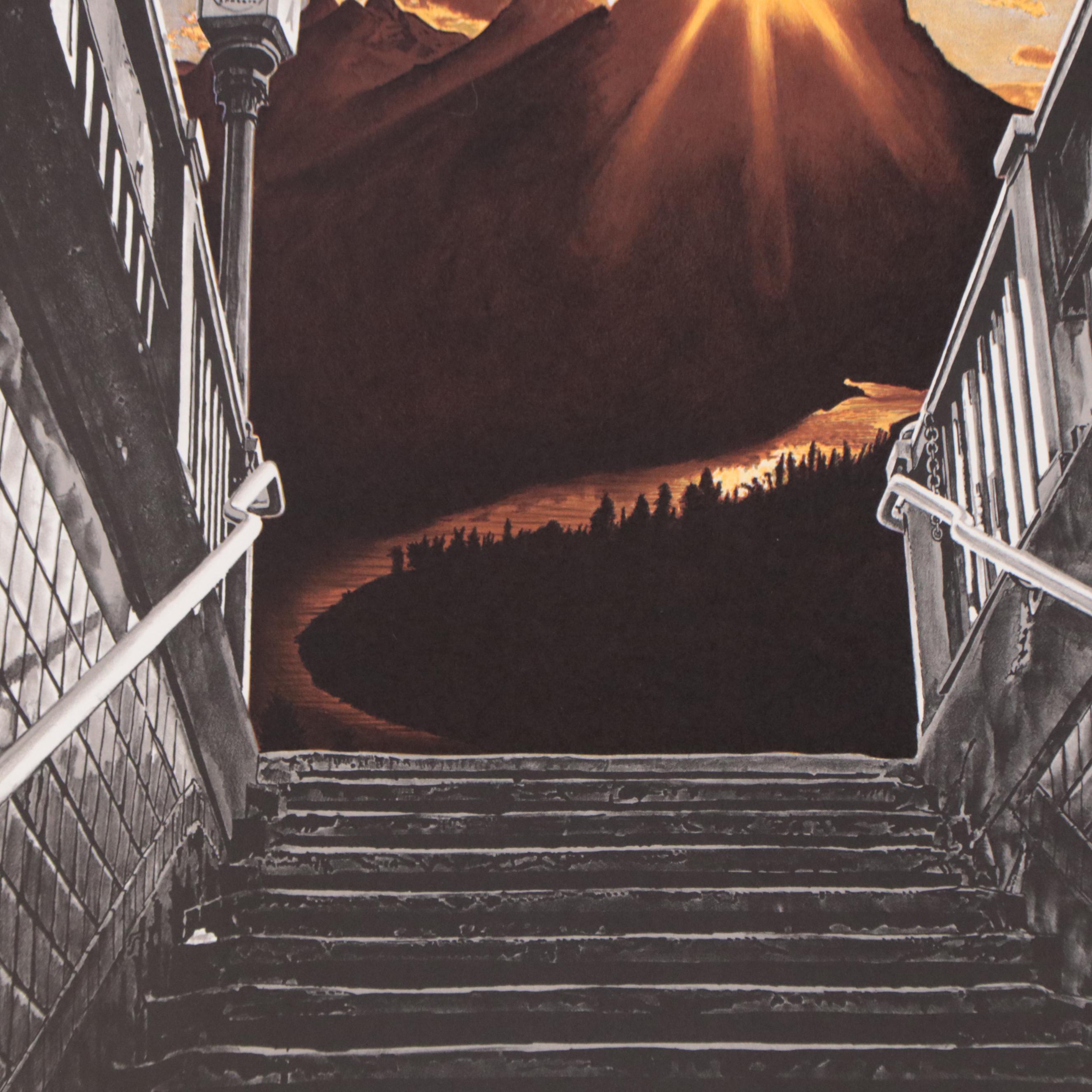 Michael Knigin Color Lithograph "Cityscape with Tetons," 1978