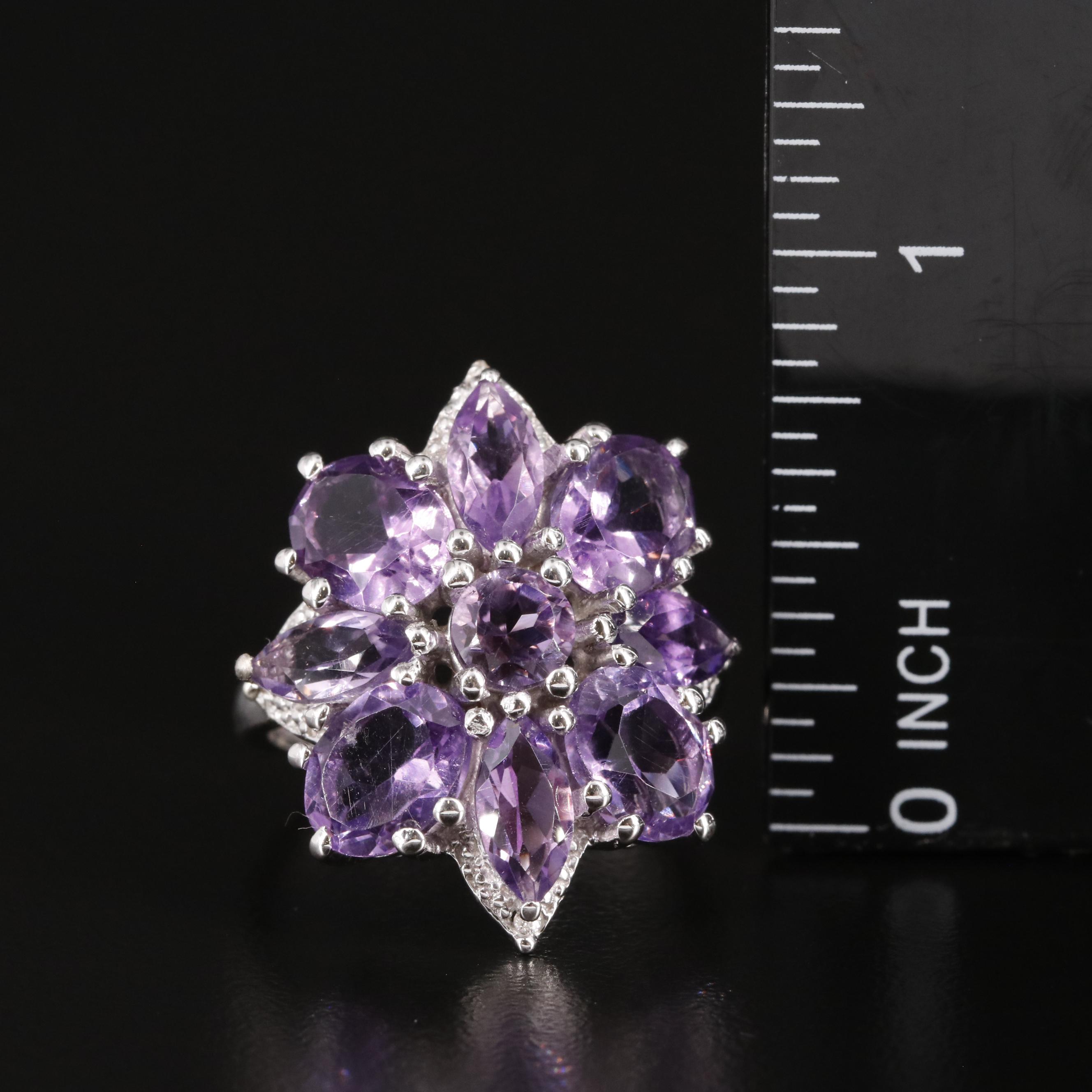 Sterling Amethyst and White Topaz Cluster Ring