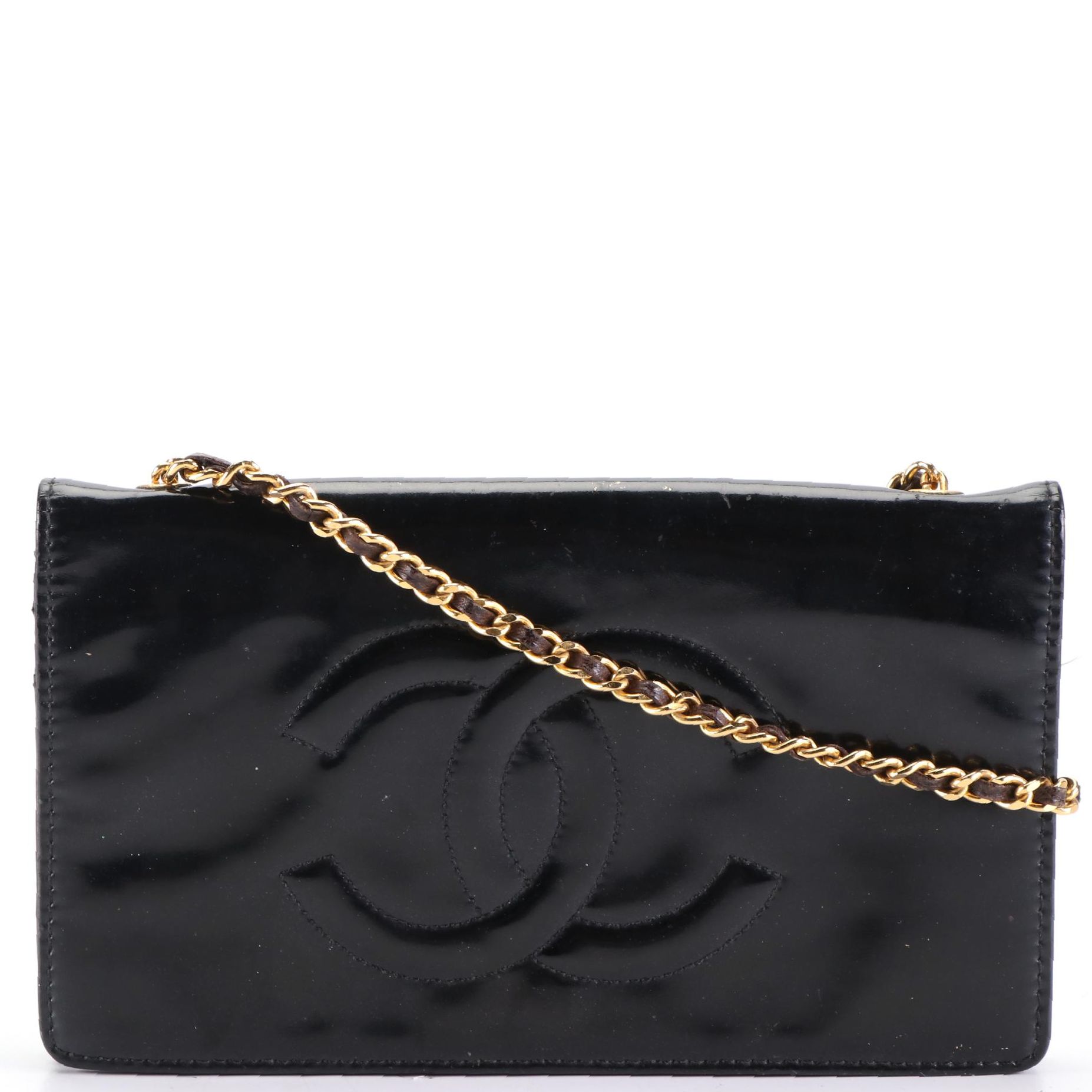 Chanel CC Wallet on Chain Bag in Patent Leather with Interwoven Chain Strap