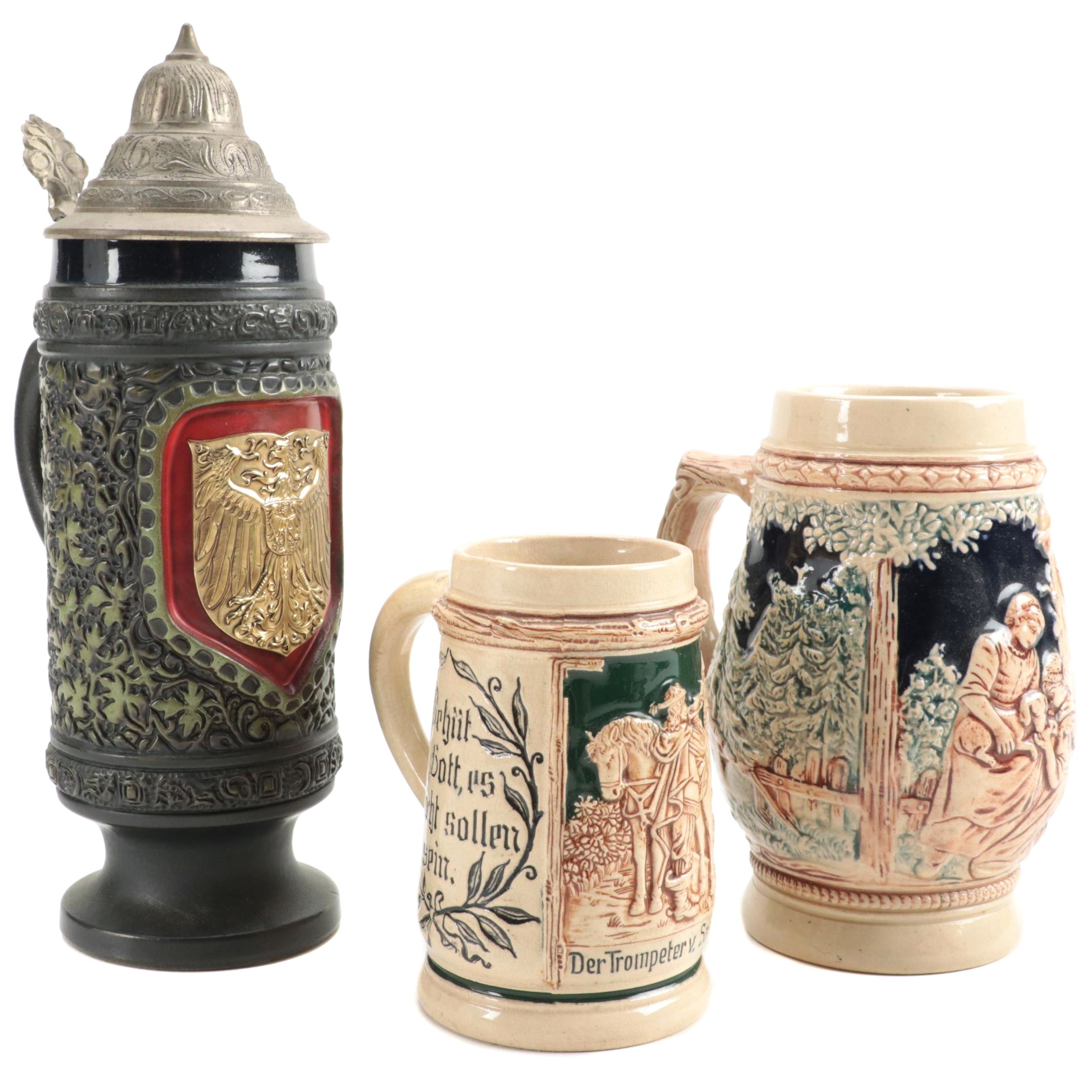 German and Other Ceramic Beer Mugs and Stein, Mid to Late 20th Century