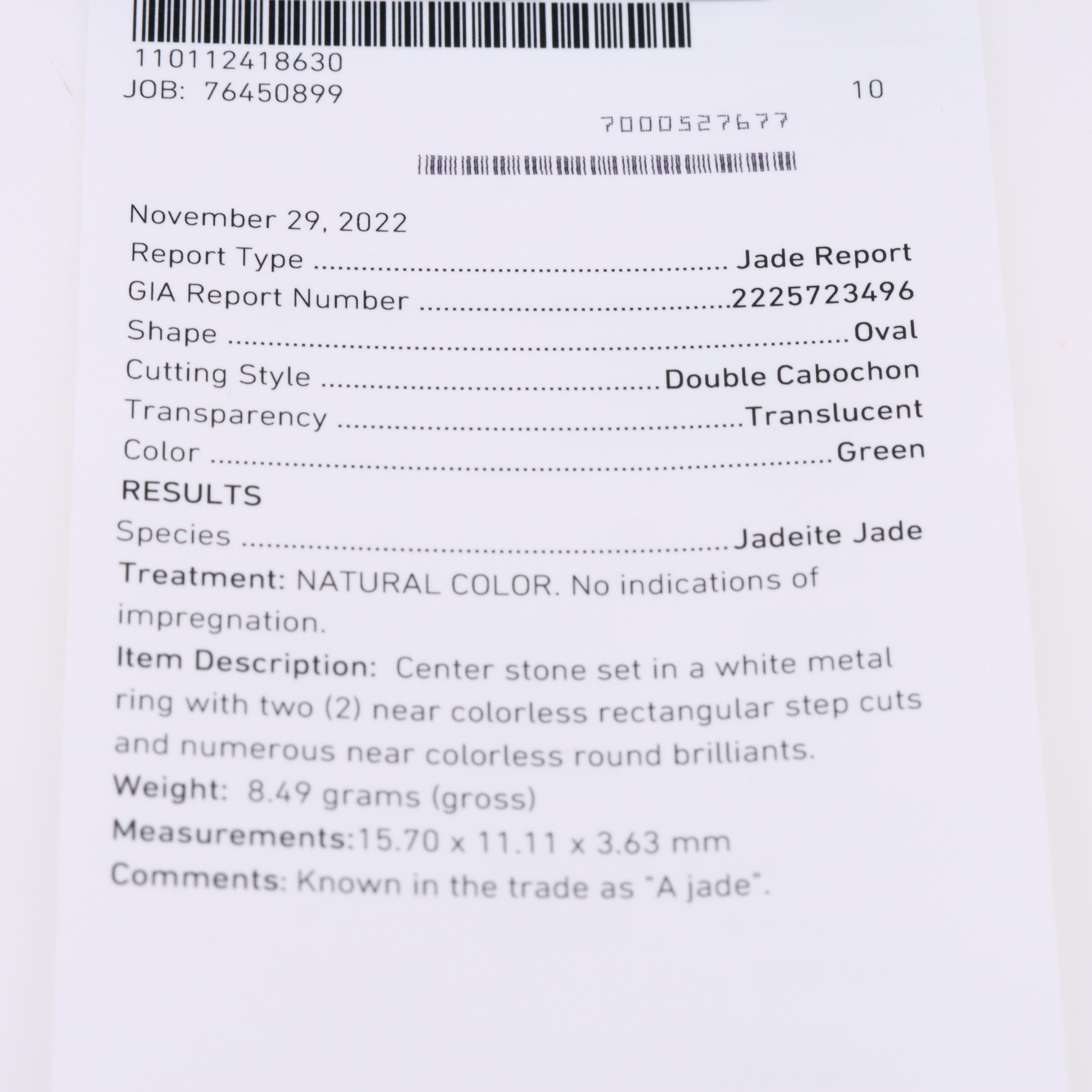 Platinum Jadeite and Diamond Ring with GIA Report