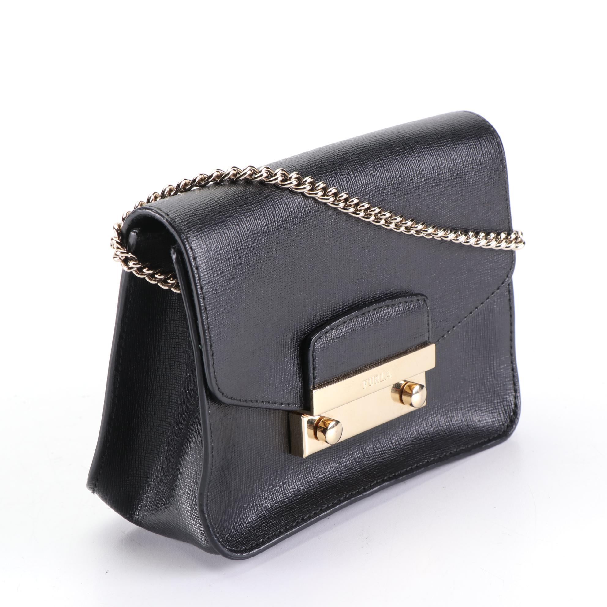 Furla Front-Flap Bag in Cross Grain Textured Leather with Chain-Link Strap