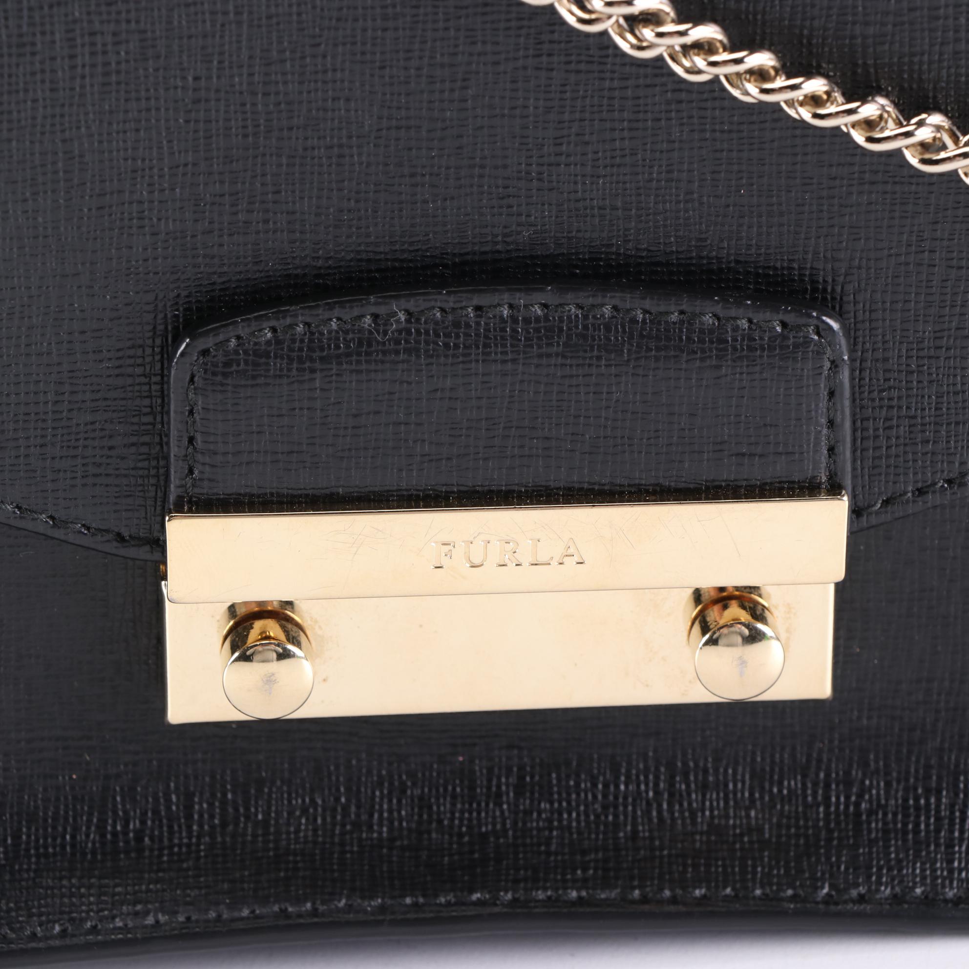 Furla Front-Flap Bag in Cross Grain Textured Leather with Chain-Link Strap