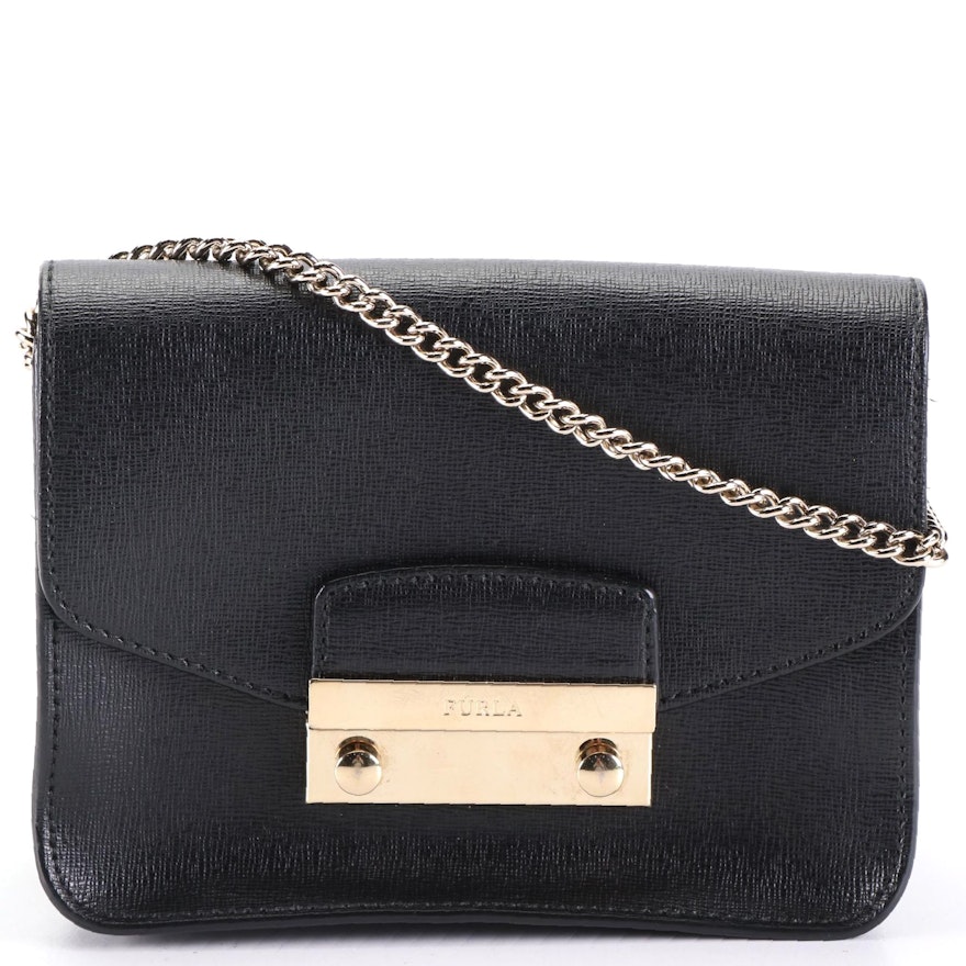 Furla Front-Flap Bag in Cross Grain Textured Leather with Chain-Link Strap