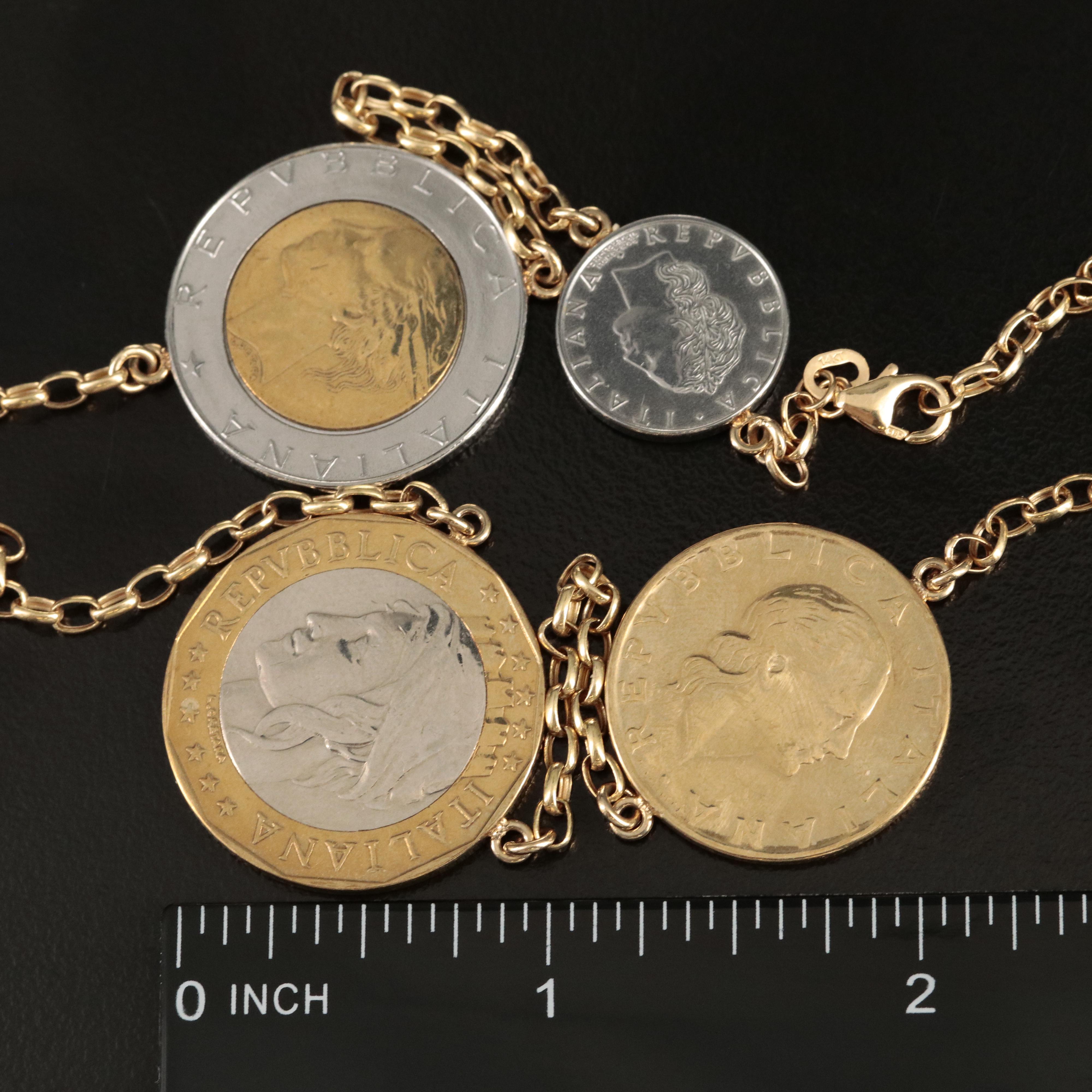 Italian 14K Chain Necklace with Seven Modern Italian Coins