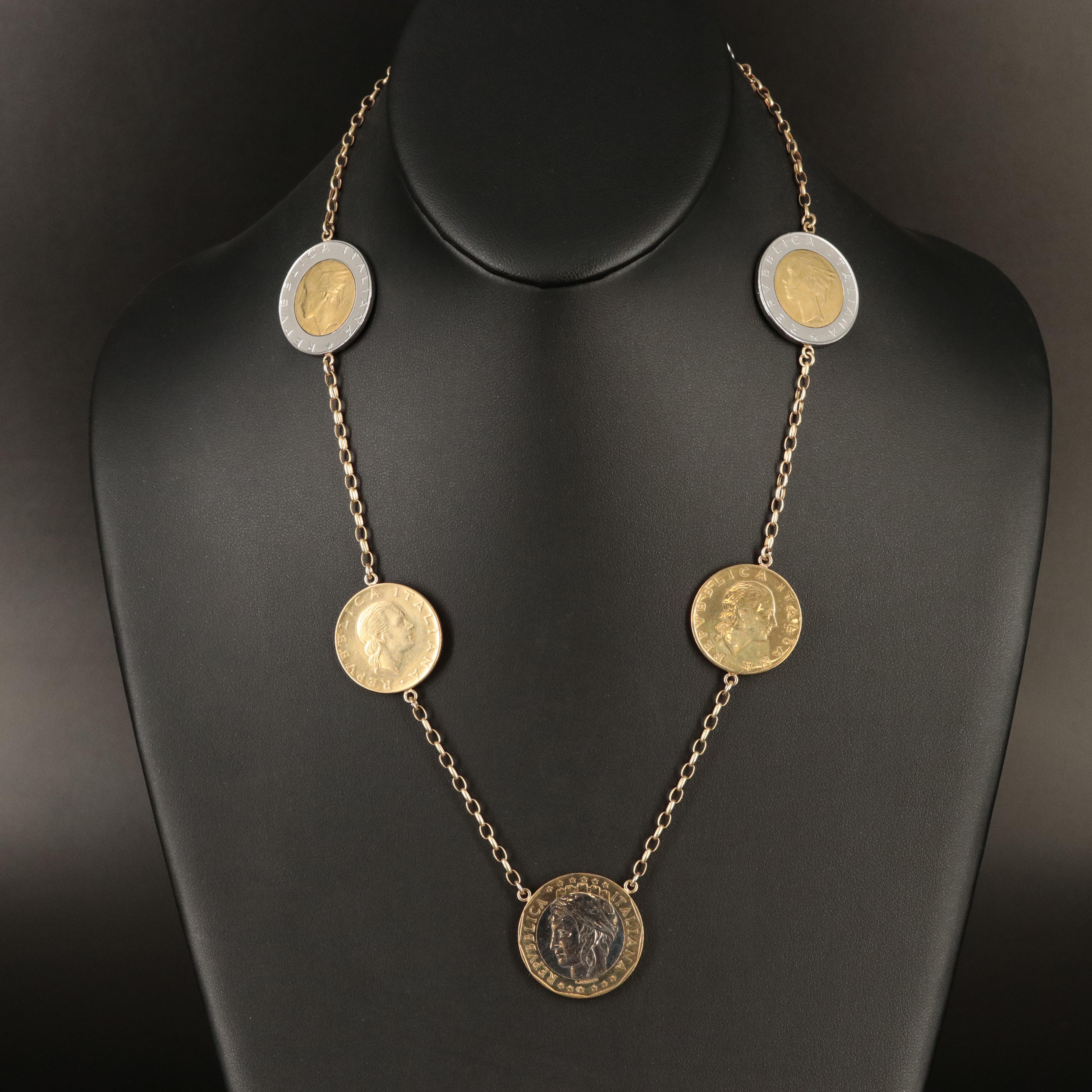 Italian 14K Chain Necklace with Seven Modern Italian Coins