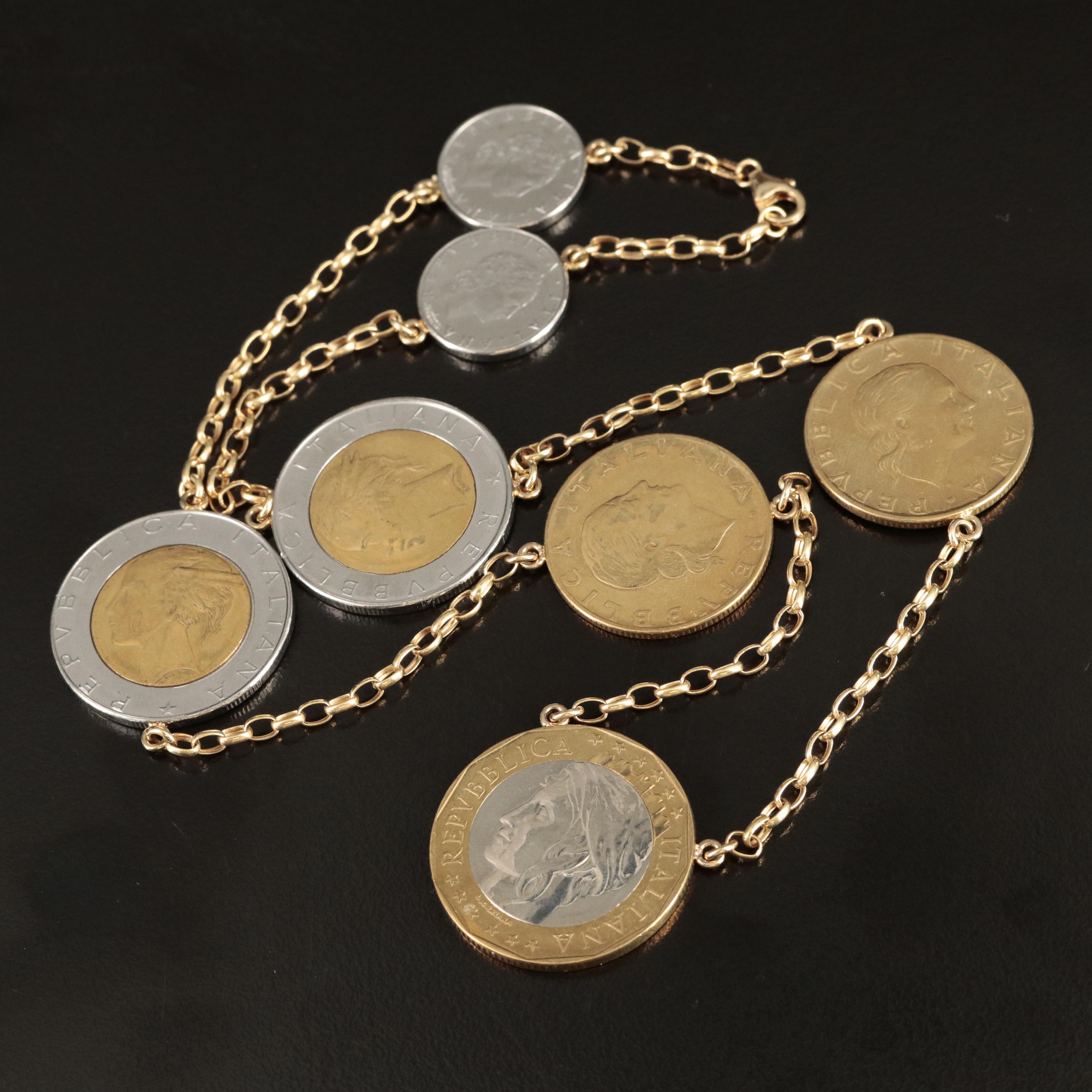 Italian 14K Chain Necklace with Seven Modern Italian Coins