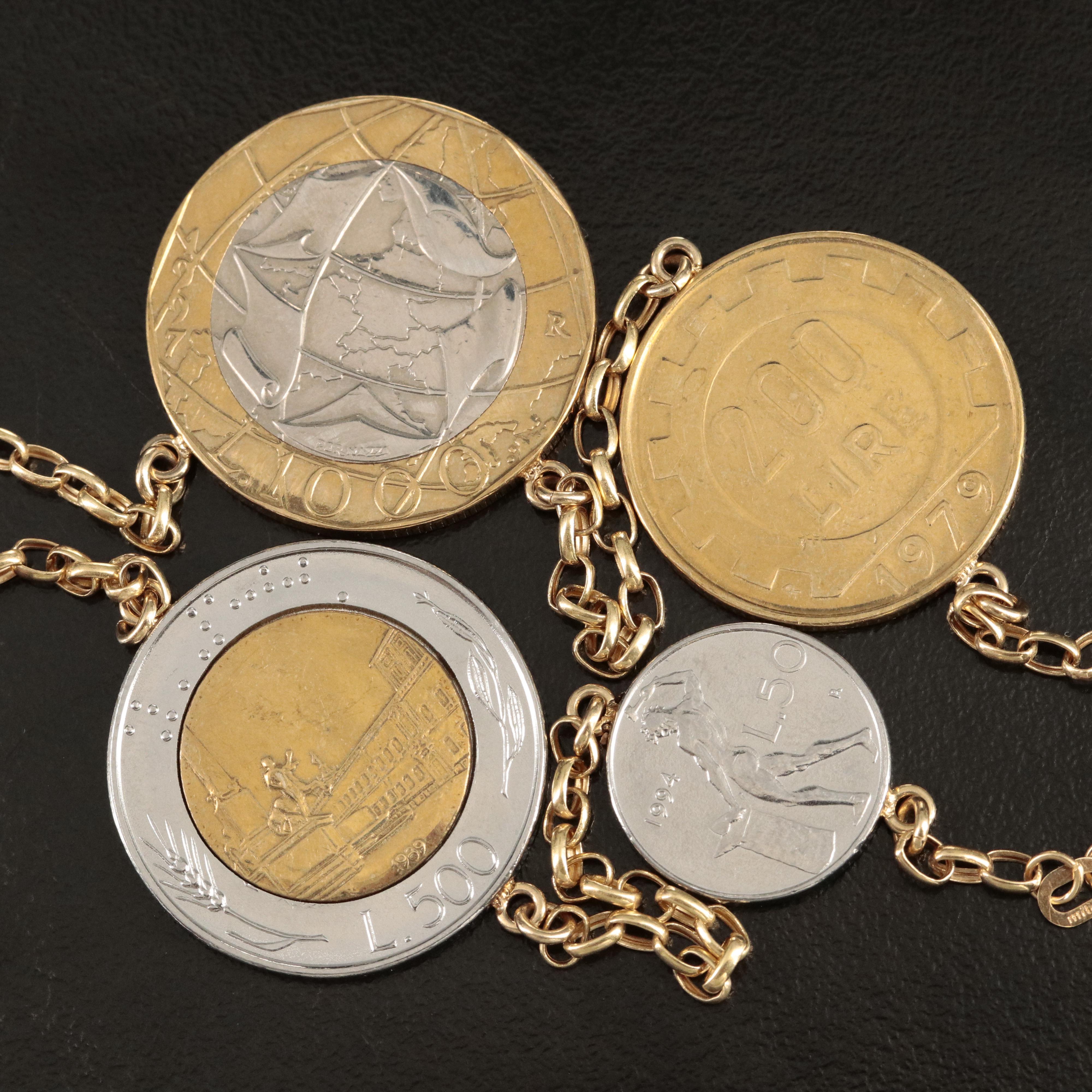 Italian 14K Chain Necklace with Seven Modern Italian Coins