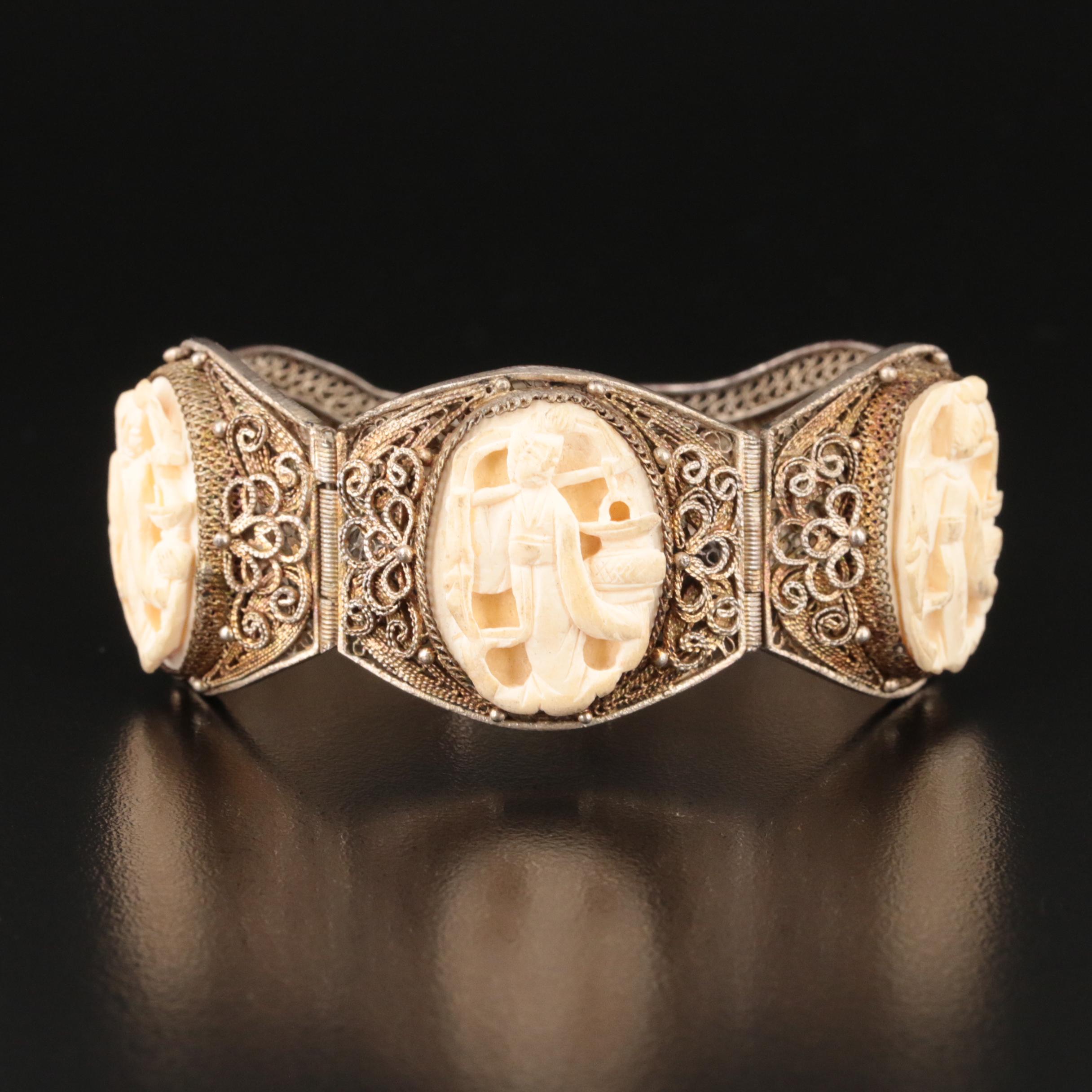 Vintage Chinese Export Filigree Bracelet with Carved Faux Bone
