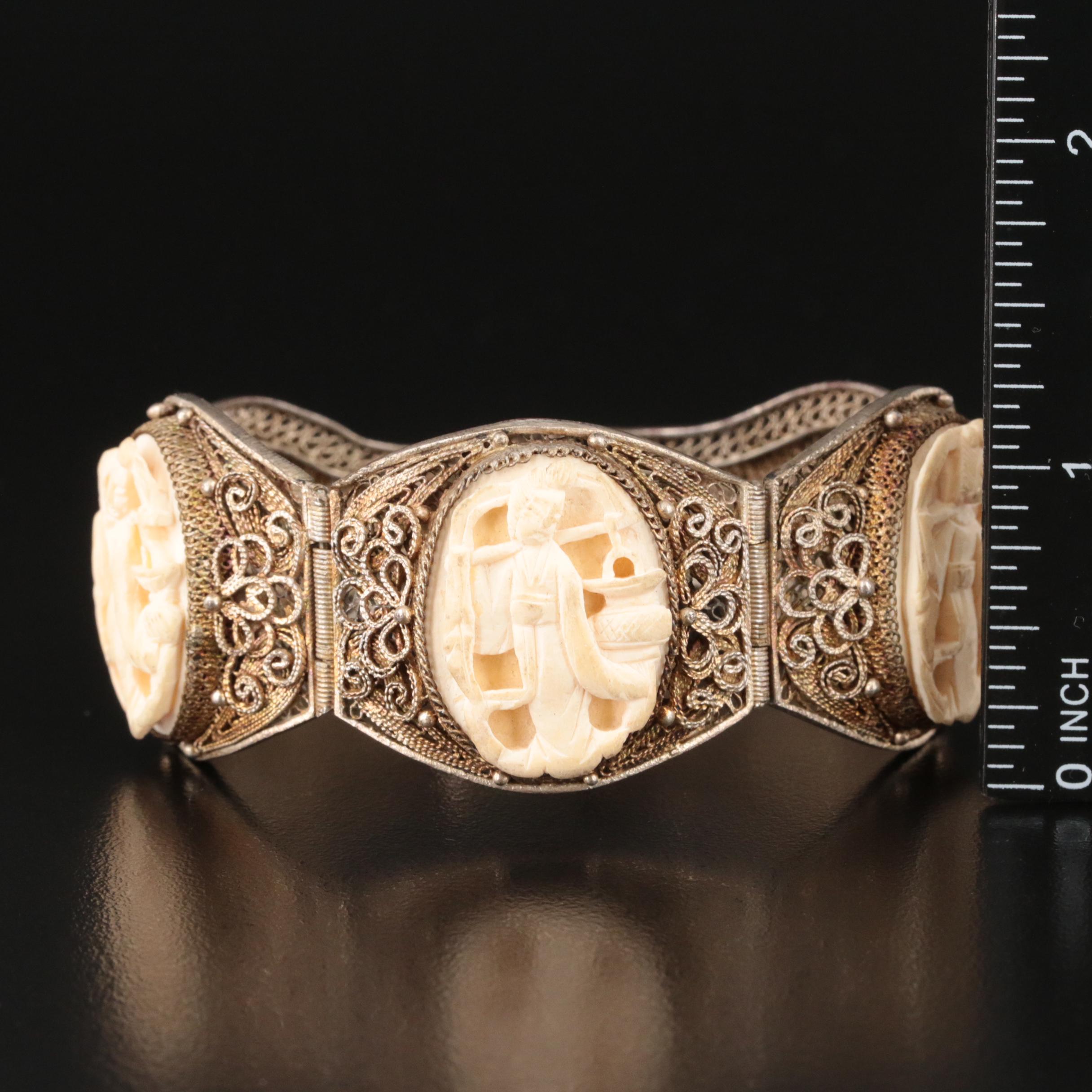 Vintage Chinese Export Filigree Bracelet with Carved Faux Bone
