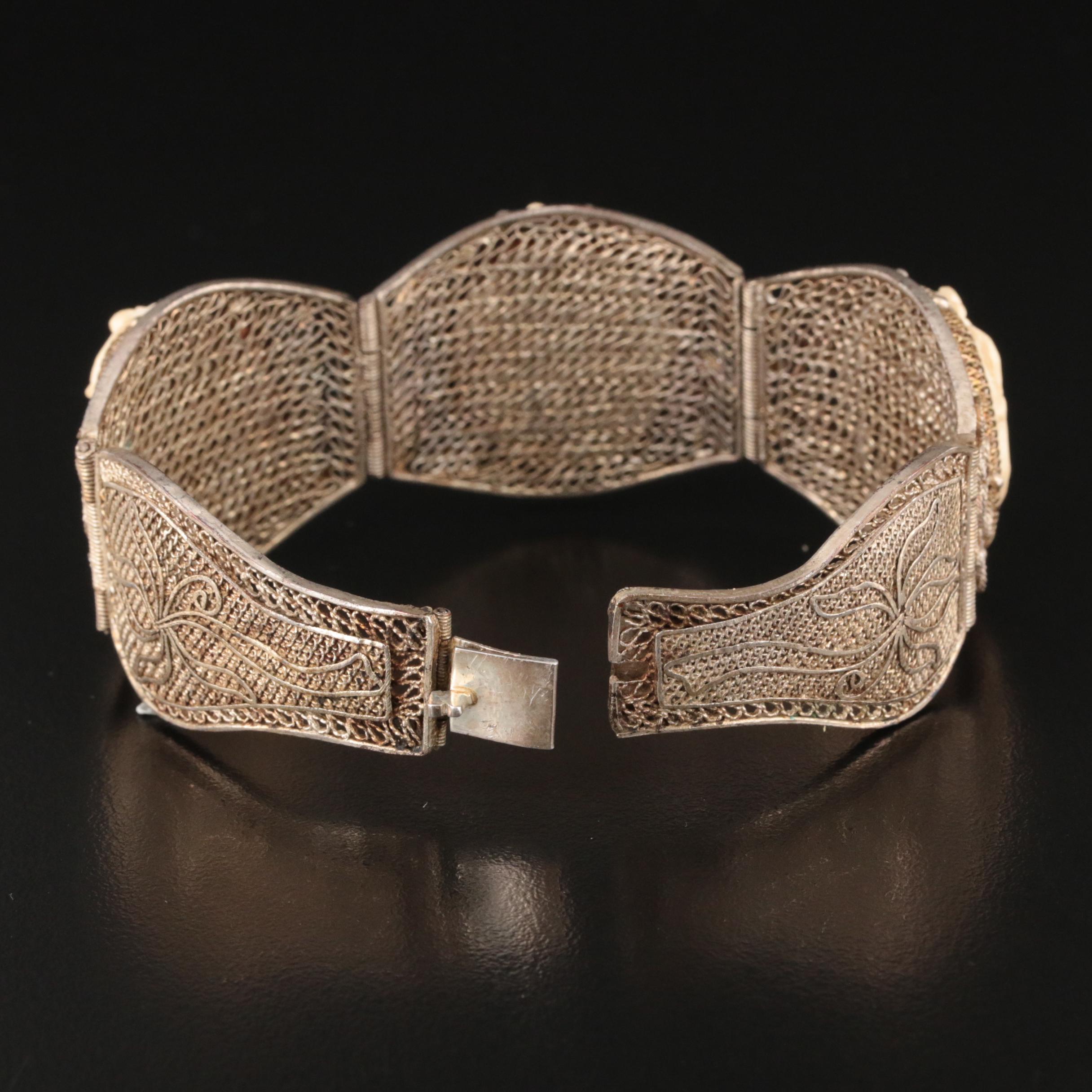 Vintage Chinese Export Filigree Bracelet with Carved Faux Bone