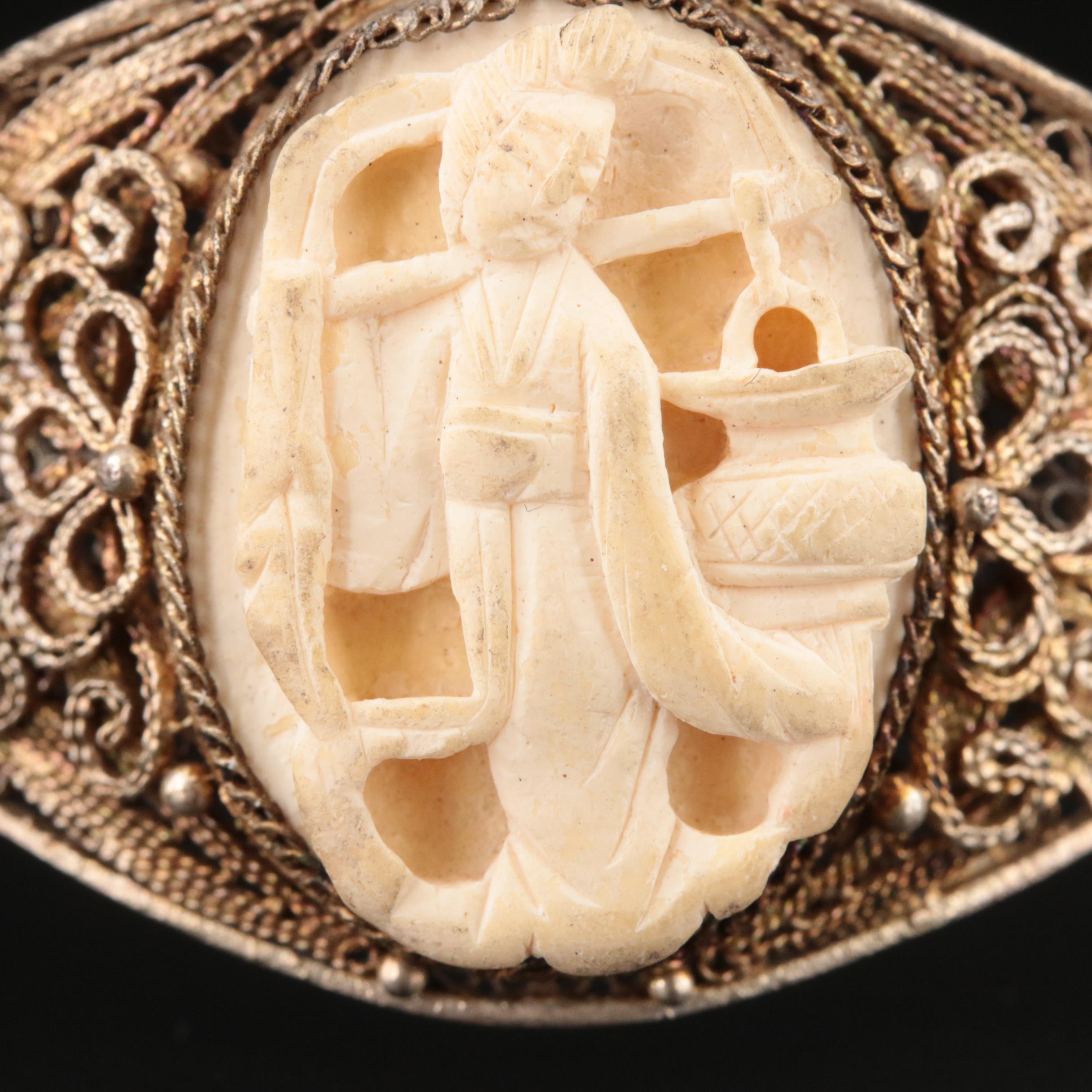 Vintage Chinese Export Filigree Bracelet with Carved Faux Bone
