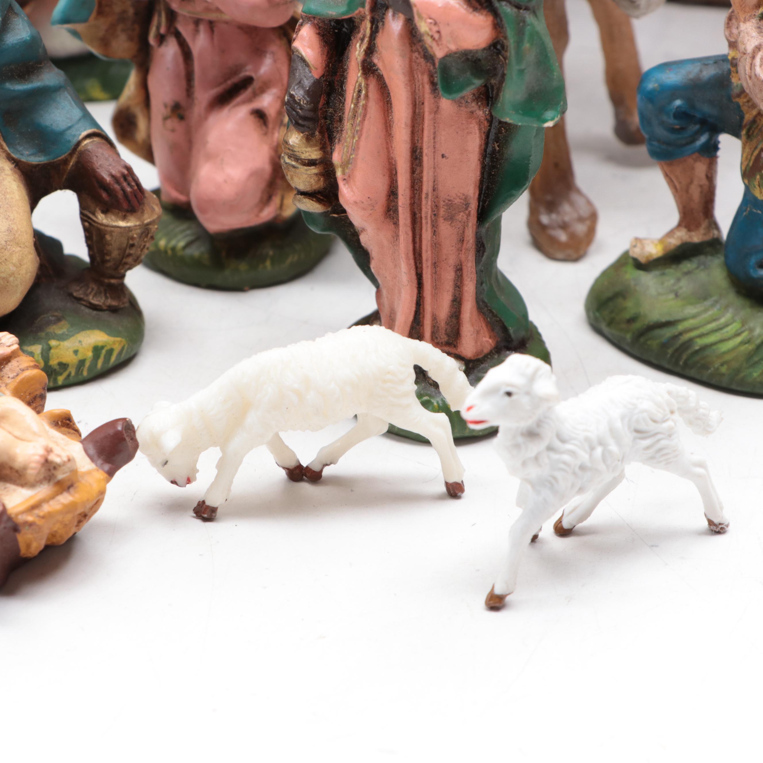 Christmas Nativity Figurines with Wood Nativity Backdrop