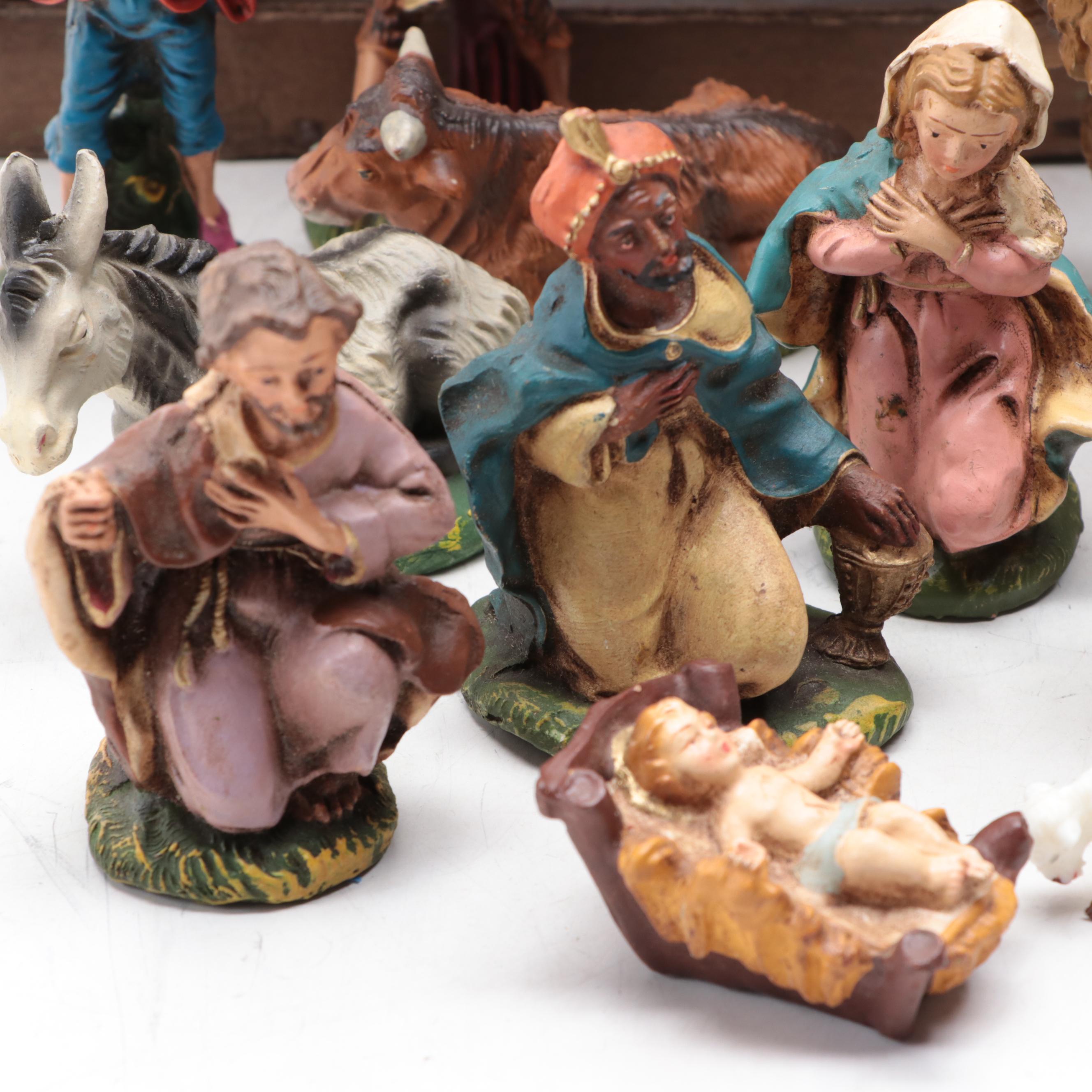 Christmas Nativity Figurines with Wood Nativity Backdrop