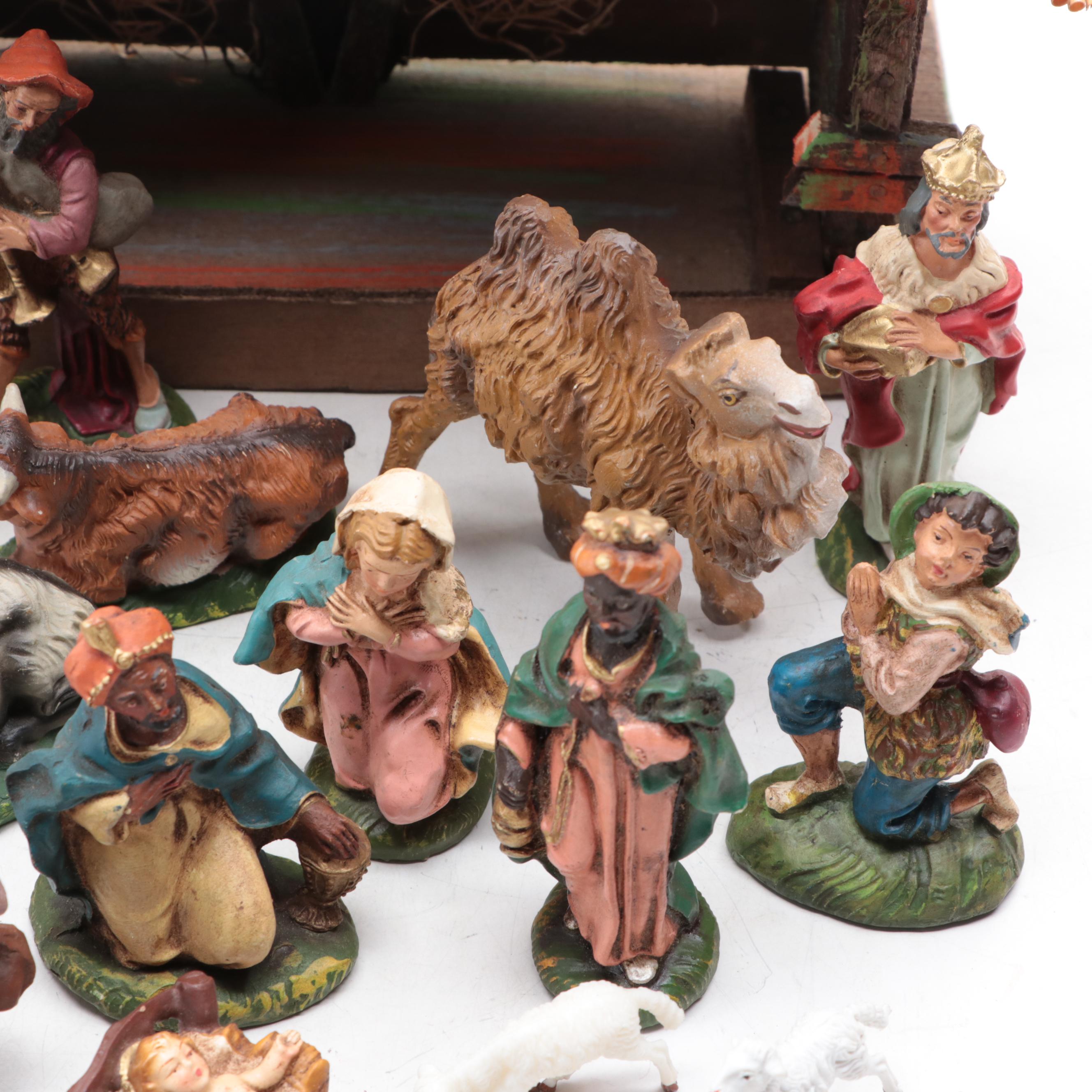 Christmas Nativity Figurines with Wood Nativity Backdrop