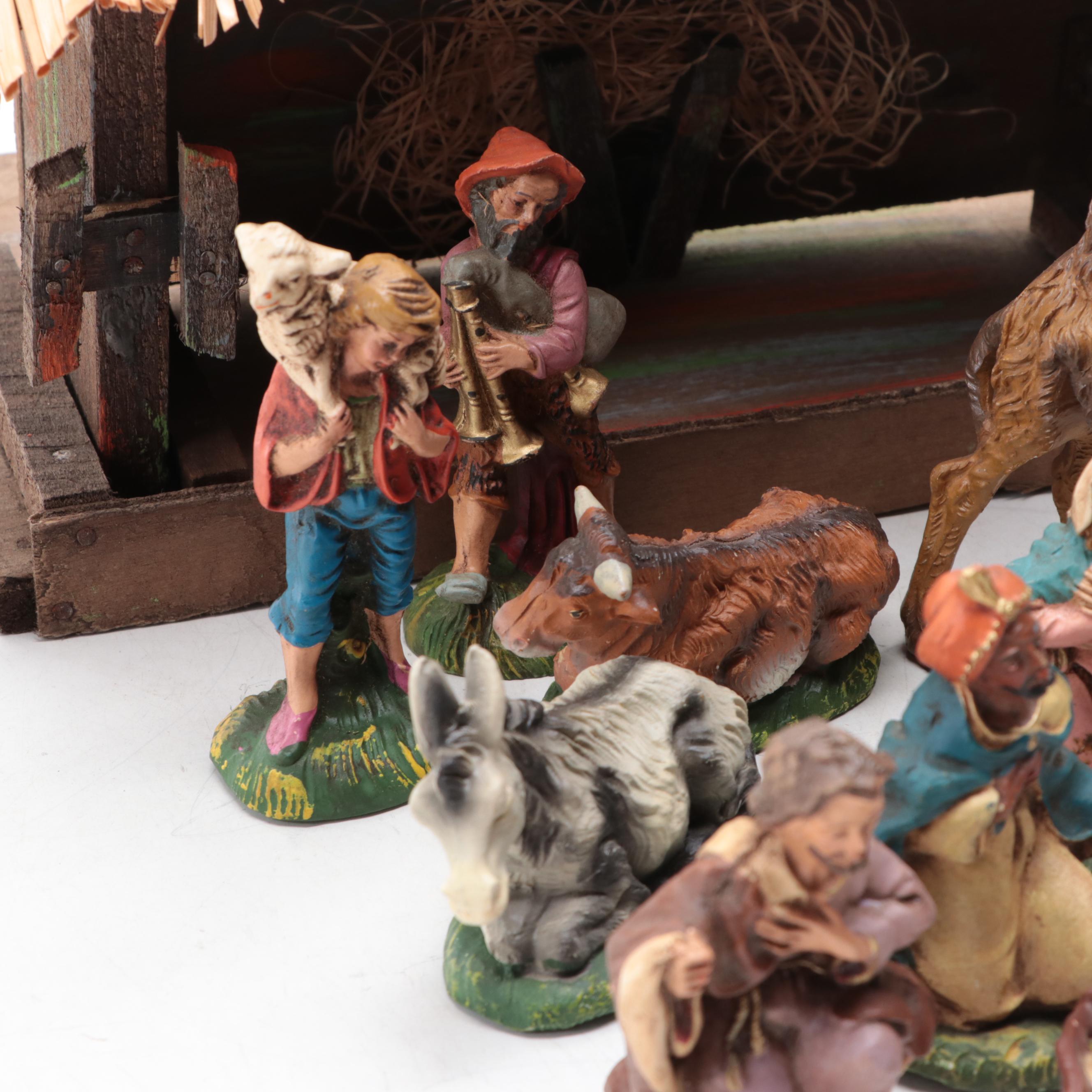 Christmas Nativity Figurines with Wood Nativity Backdrop