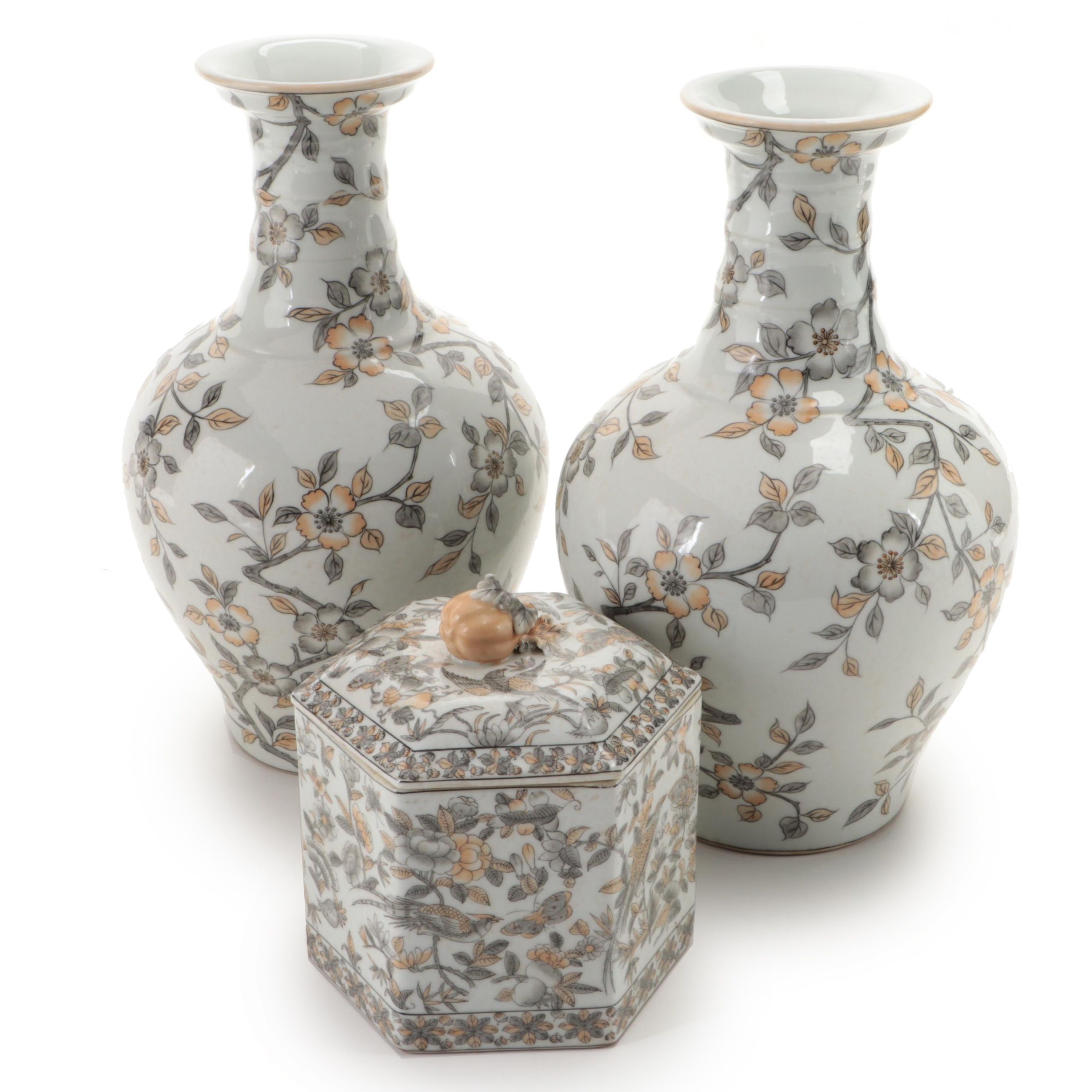 Pair of Porcelain Plum Blossom Vases and Gourd Lidded Tea Jar