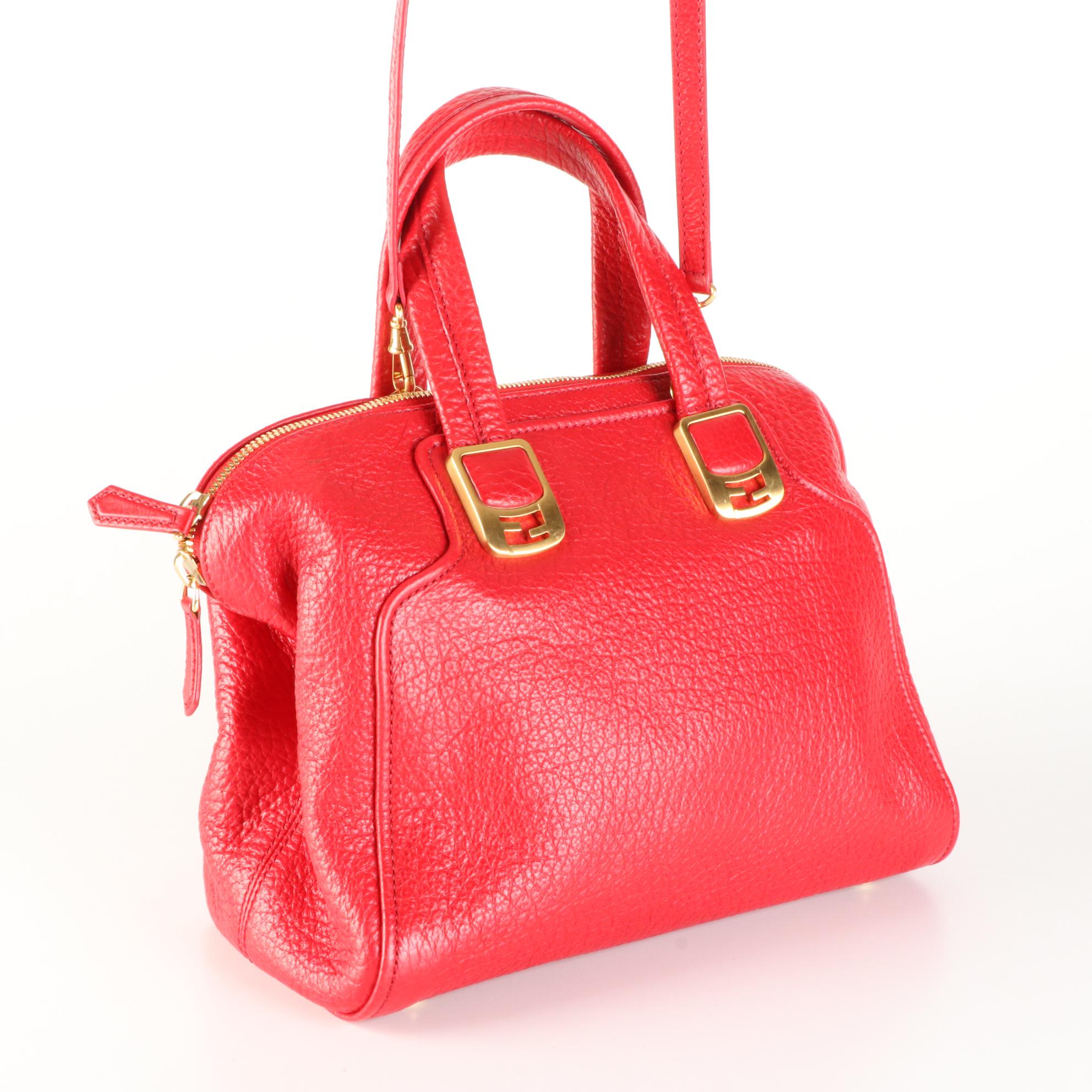 Fendi Chameleon Tote Bag in Red Textured Leather with Detachable Strap