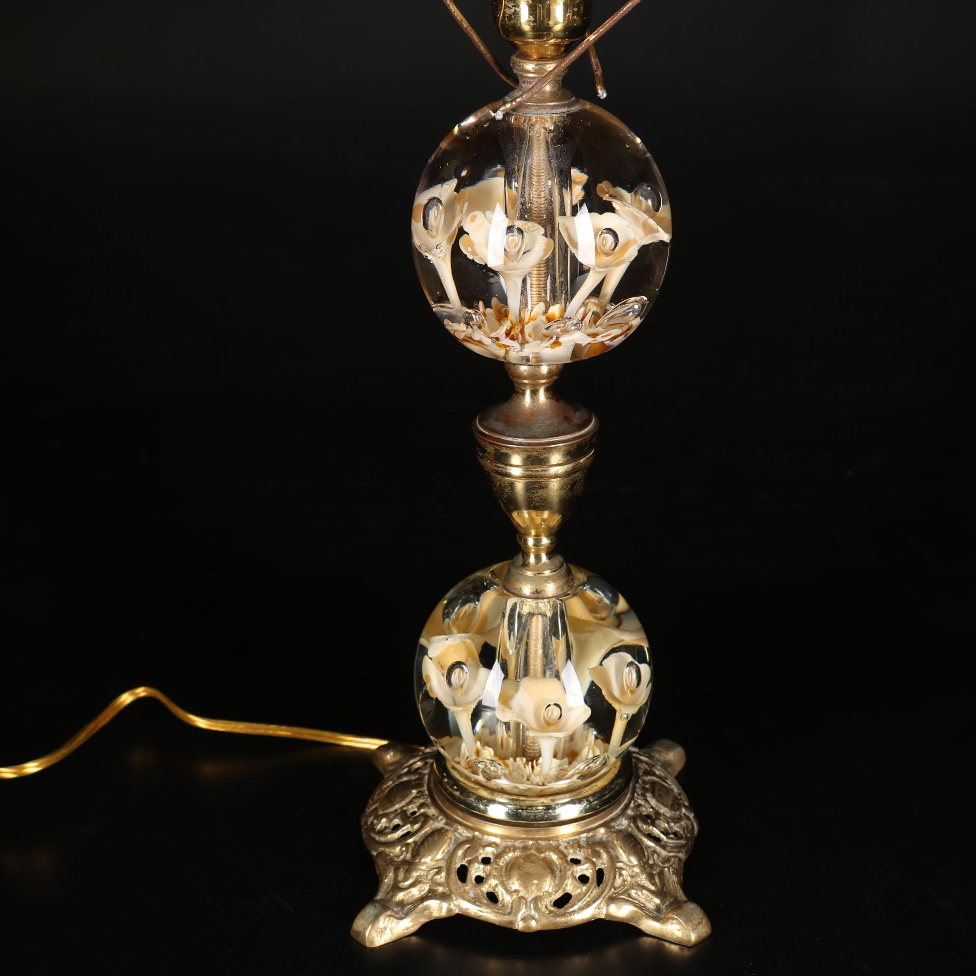 St. Clair Blown Glass Lily Paperweight and Brass Hurricane Lamp, 1975