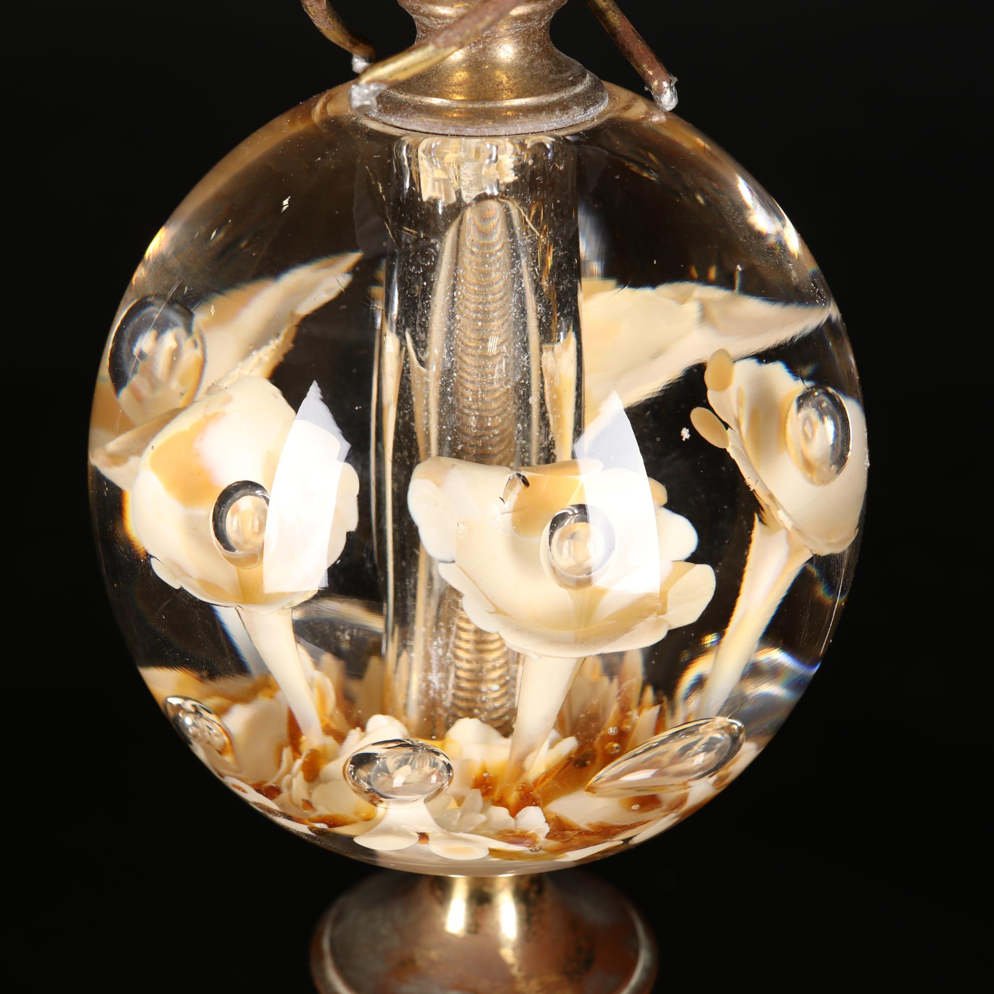 St. Clair Blown Glass Lily Paperweight and Brass Hurricane Lamp, 1975