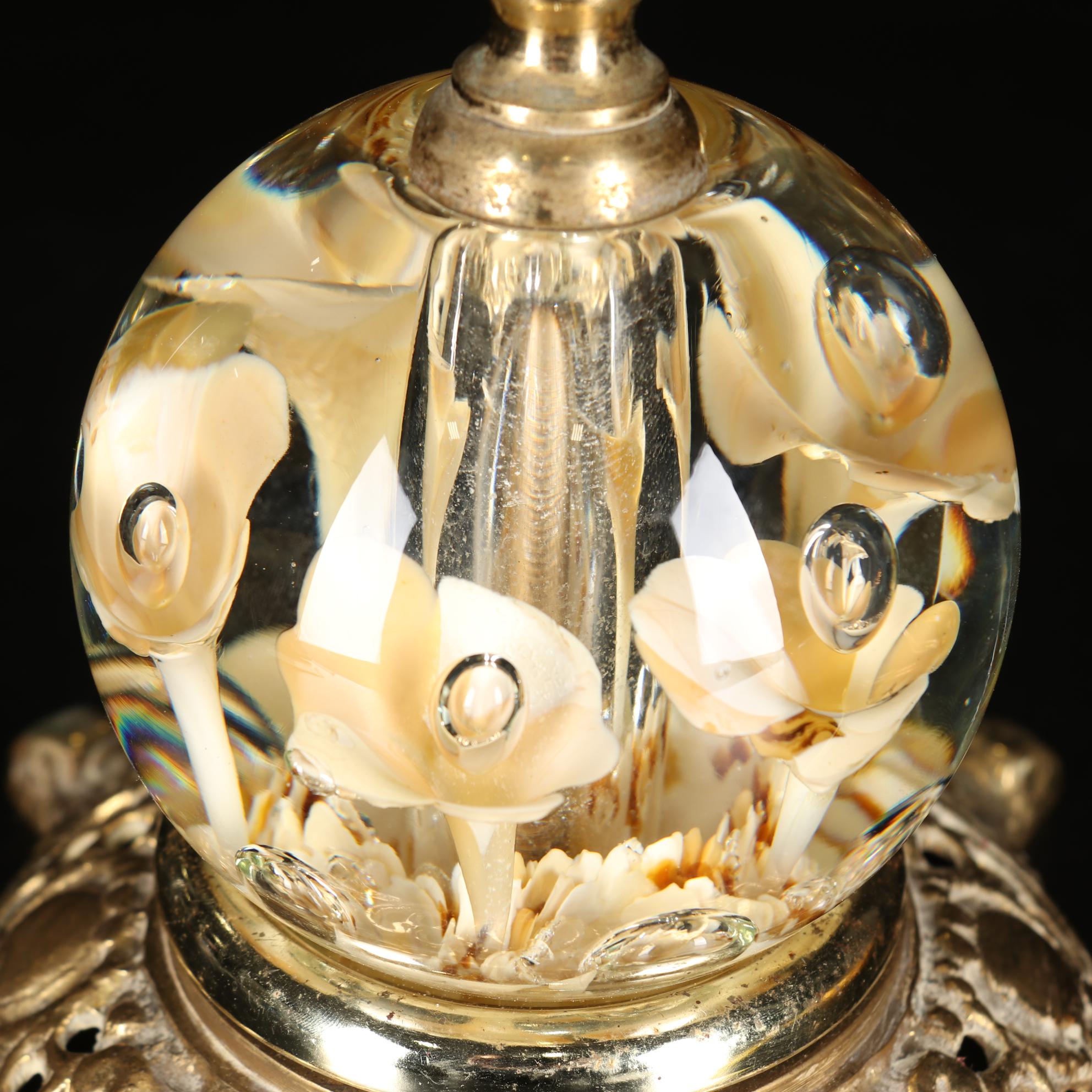 St. Clair Blown Glass Lily Paperweight and Brass Hurricane Lamp, 1975