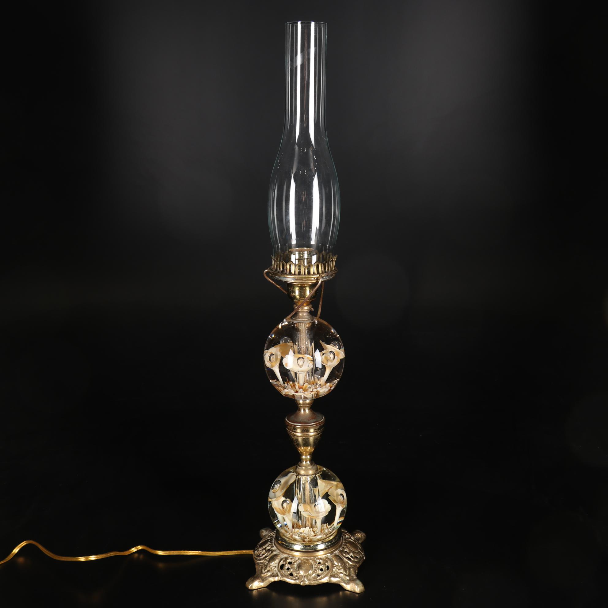 St. Clair Blown Glass Lily Paperweight and Brass Hurricane Lamp, 1975