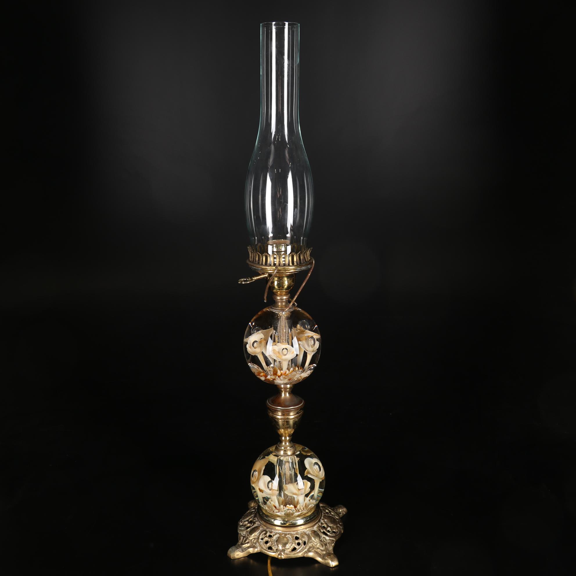 St. Clair Blown Glass Lily Paperweight and Brass Hurricane Lamp, 1975