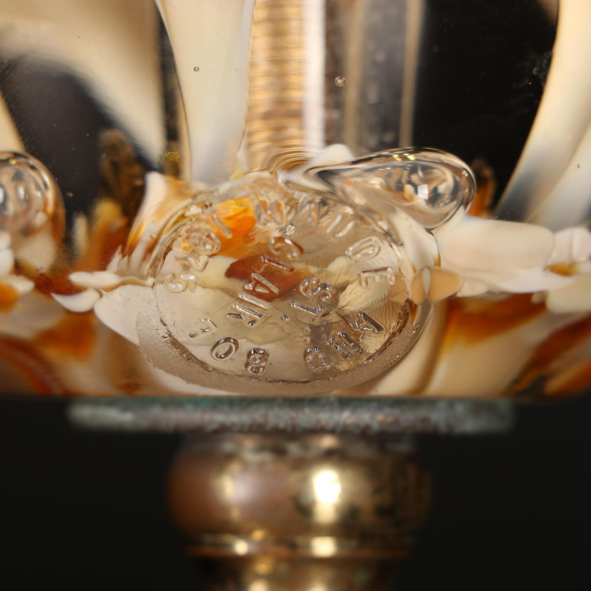 St. Clair Blown Glass Lily Paperweight and Brass Hurricane Lamp, 1975