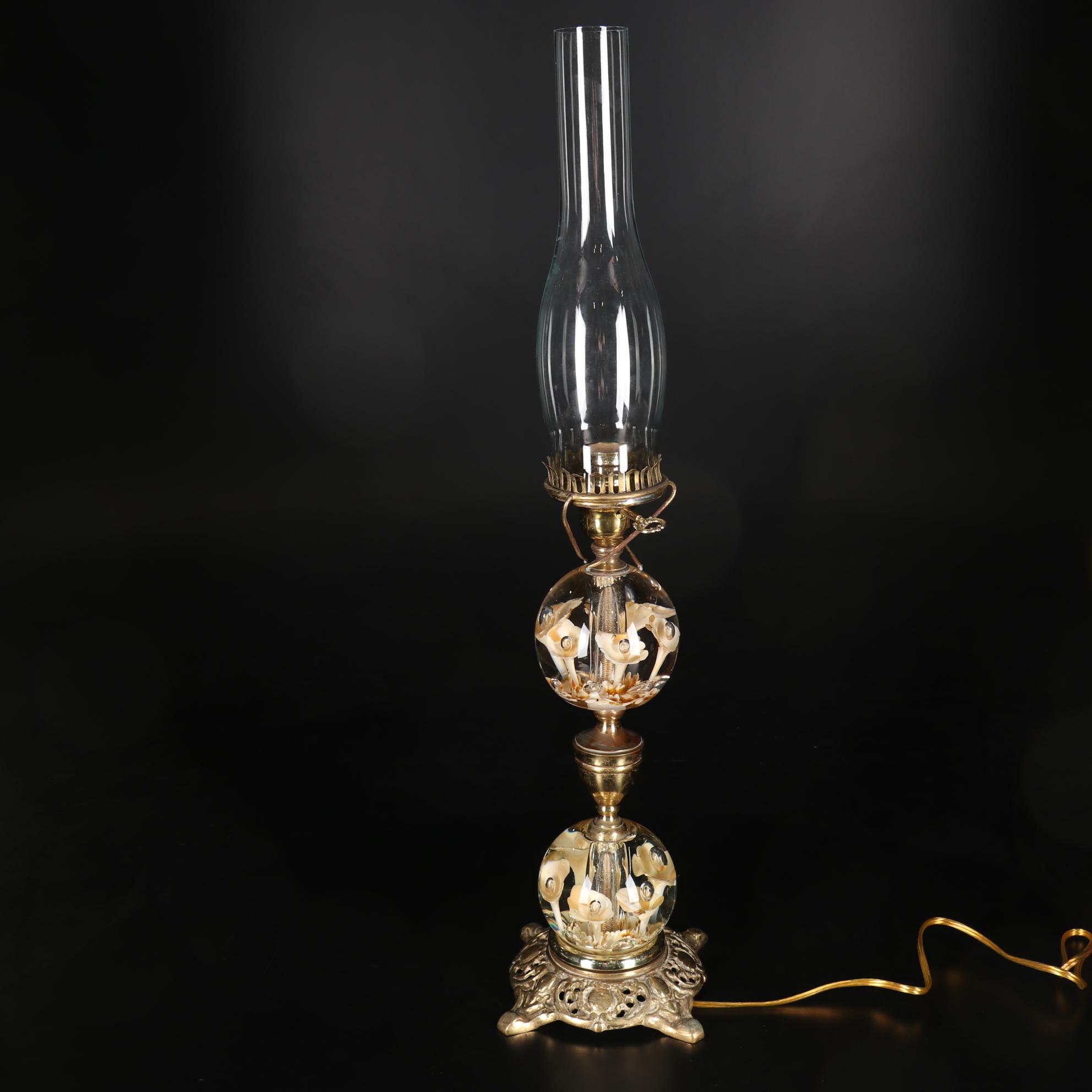 St. Clair Blown Glass Lily Paperweight and Brass Hurricane Lamp, 1975