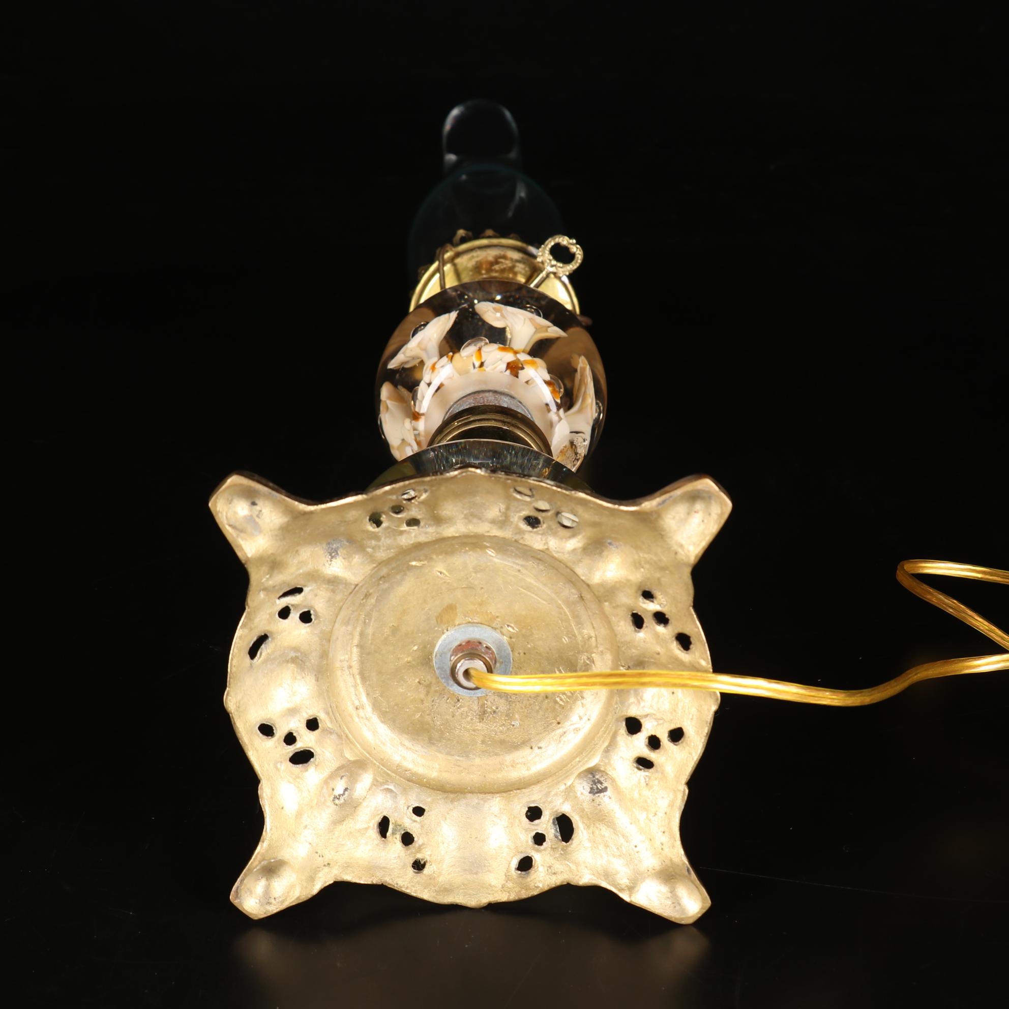 St. Clair Blown Glass Lily Paperweight and Brass Hurricane Lamp, 1975