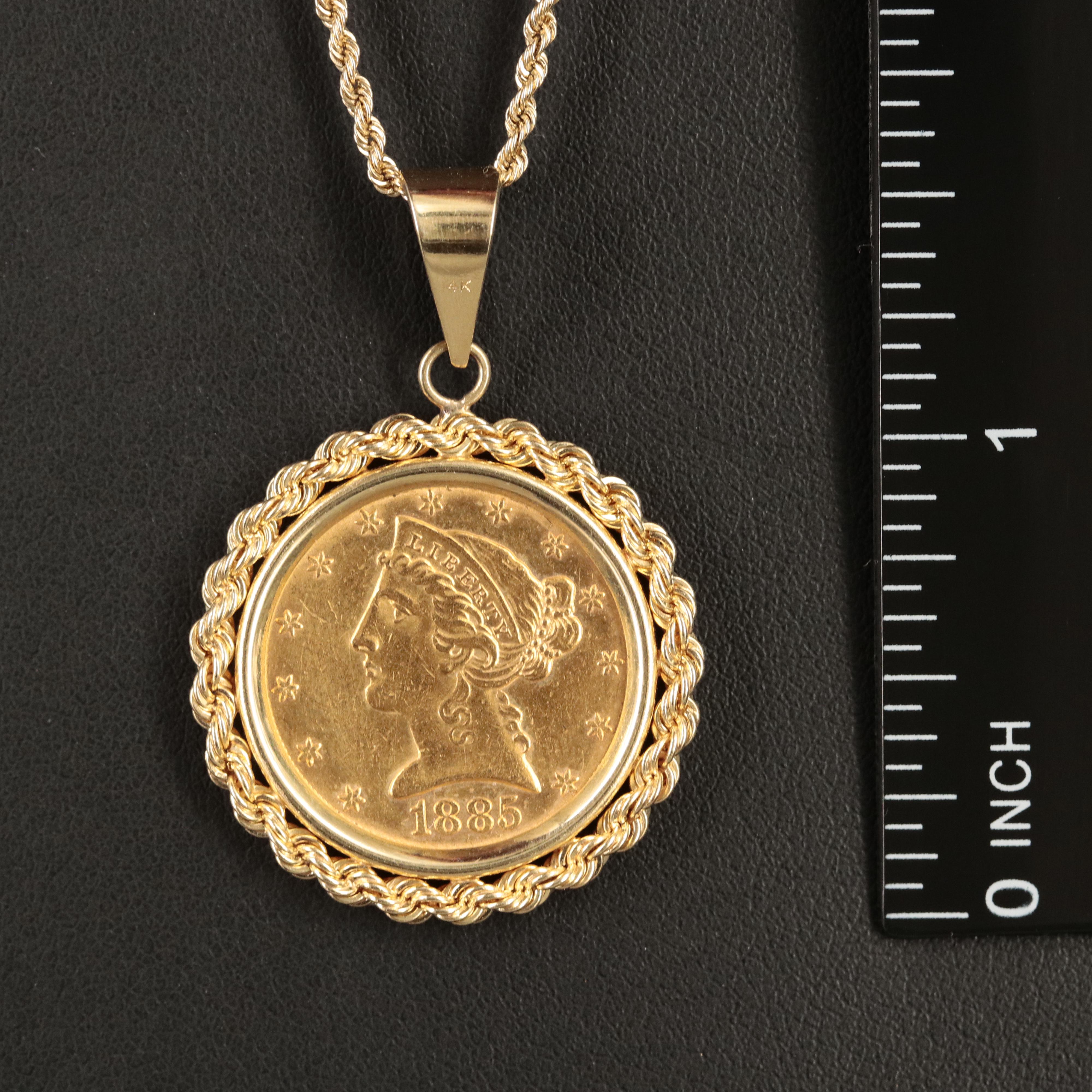 14K Pendant Necklace with 1885 Liberty Head $5 Gold Half Eagle Coin