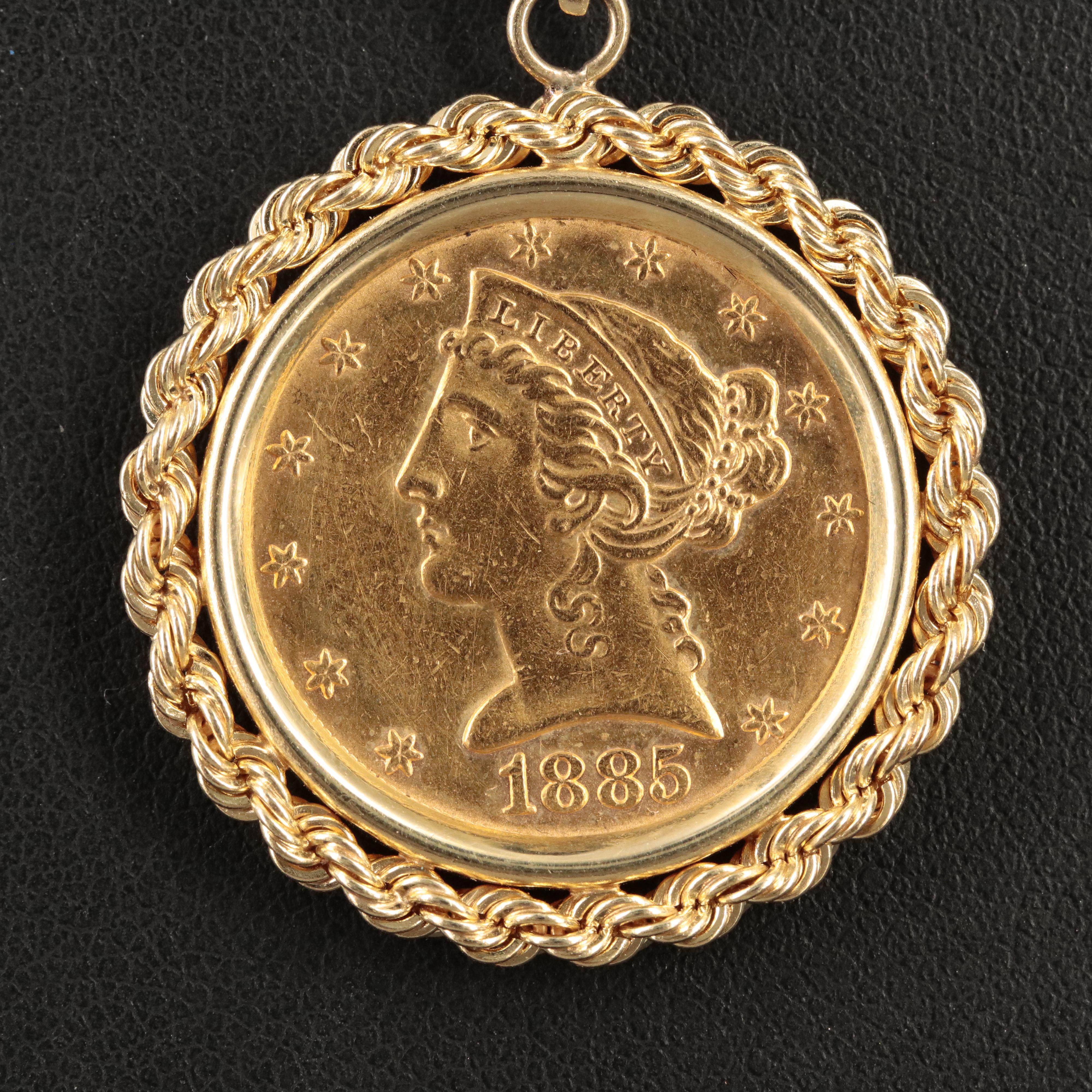 14K Pendant Necklace with 1885 Liberty Head $5 Gold Half Eagle Coin