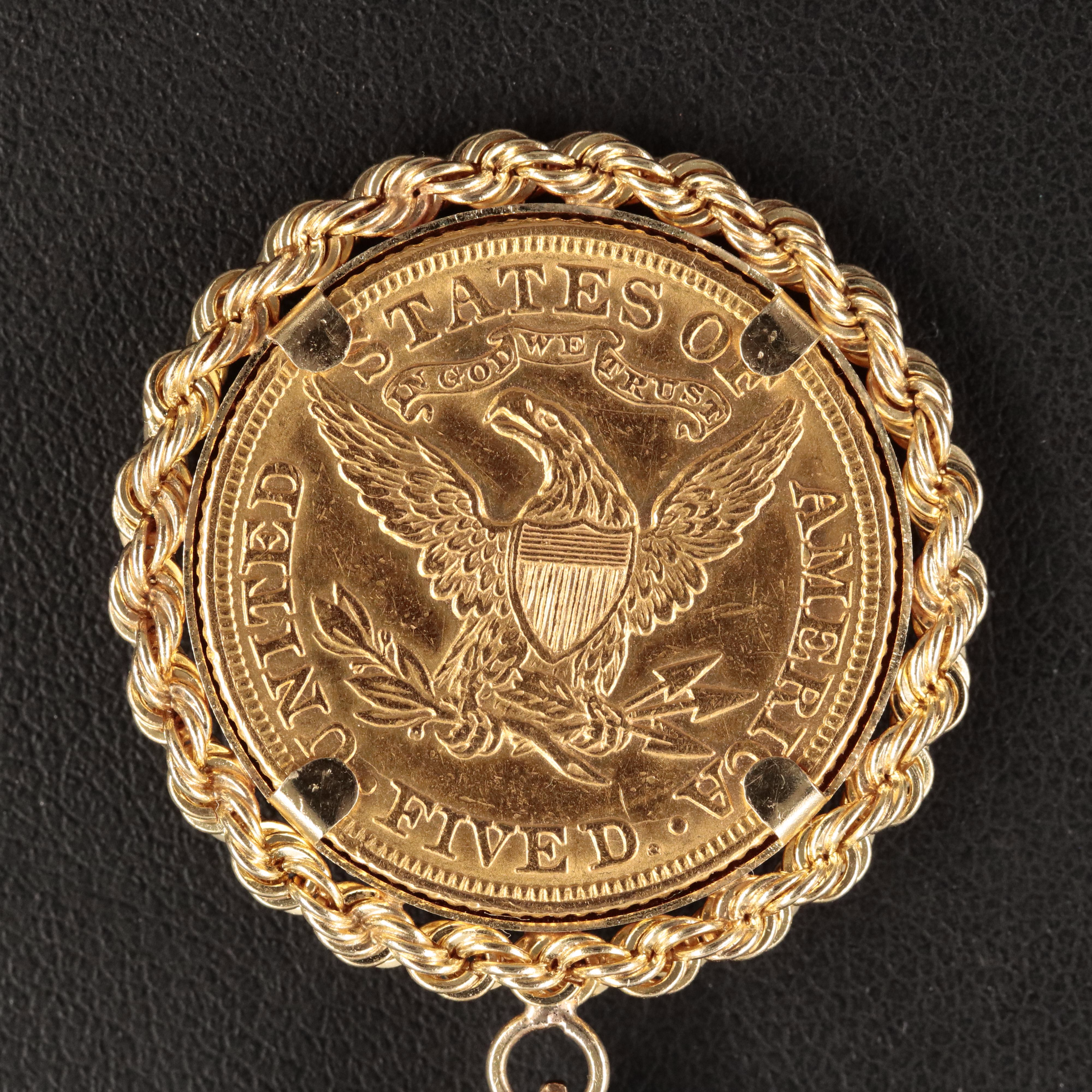 14K Pendant Necklace with 1885 Liberty Head $5 Gold Half Eagle Coin