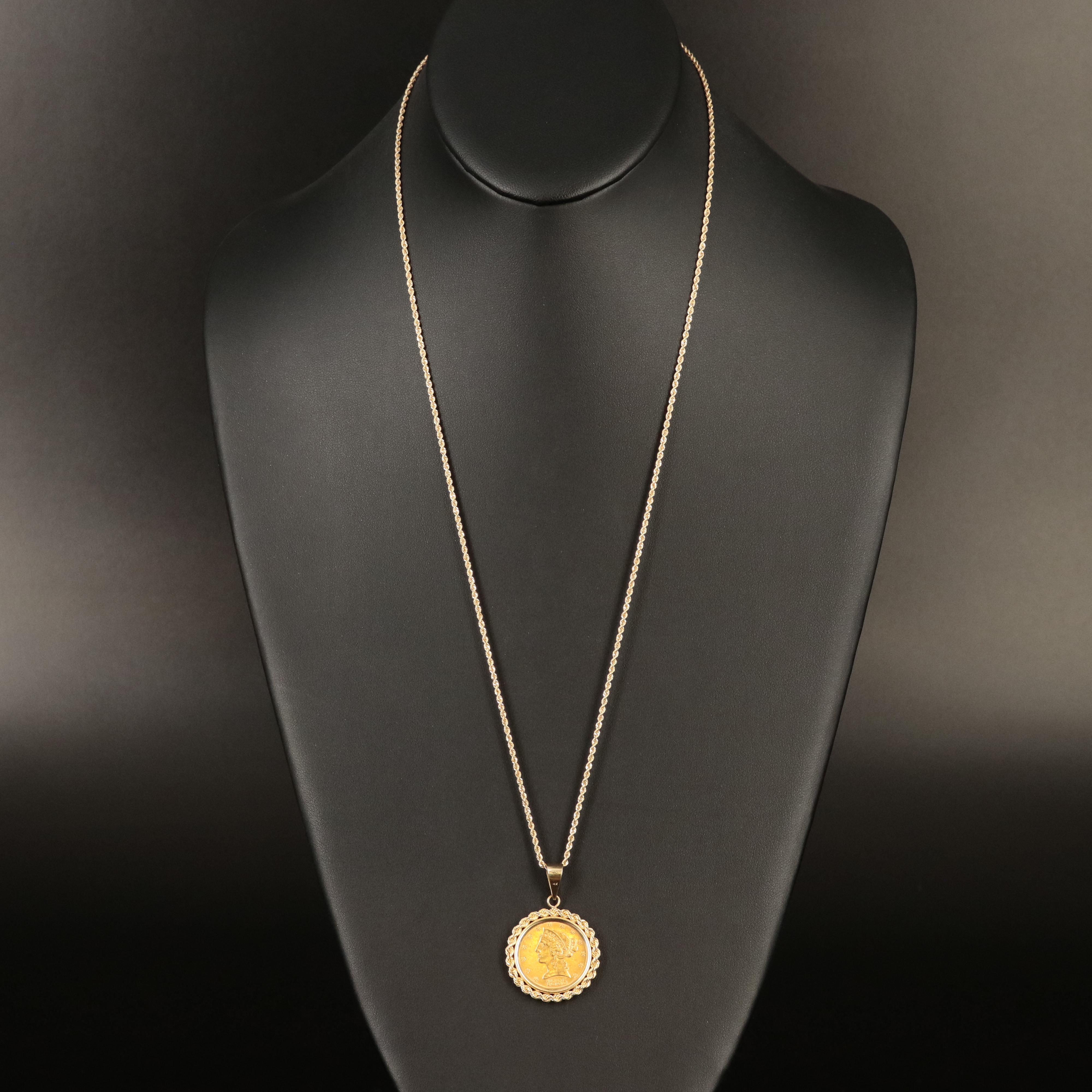 14K Pendant Necklace with 1885 Liberty Head $5 Gold Half Eagle Coin