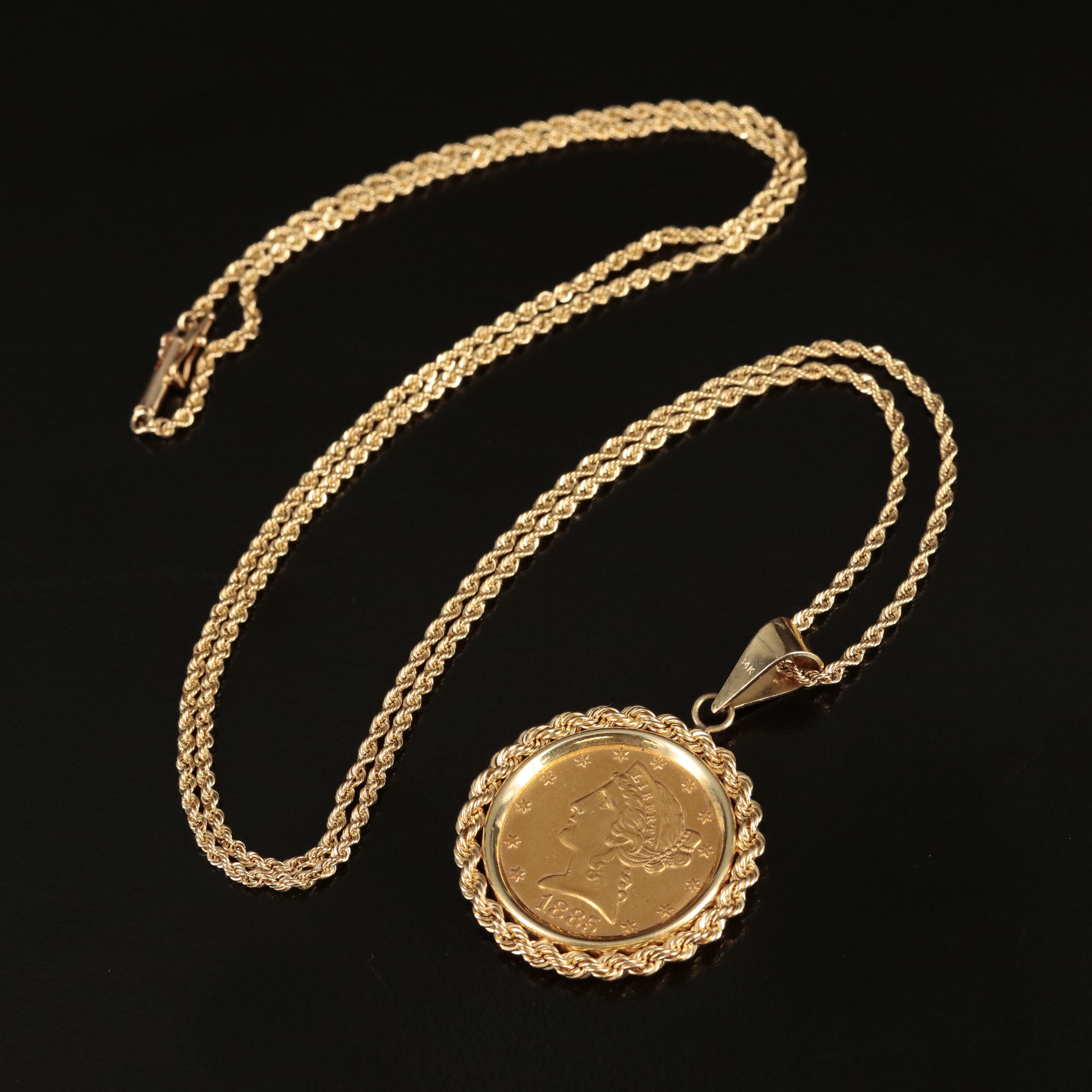 14K Pendant Necklace with 1885 Liberty Head $5 Gold Half Eagle Coin