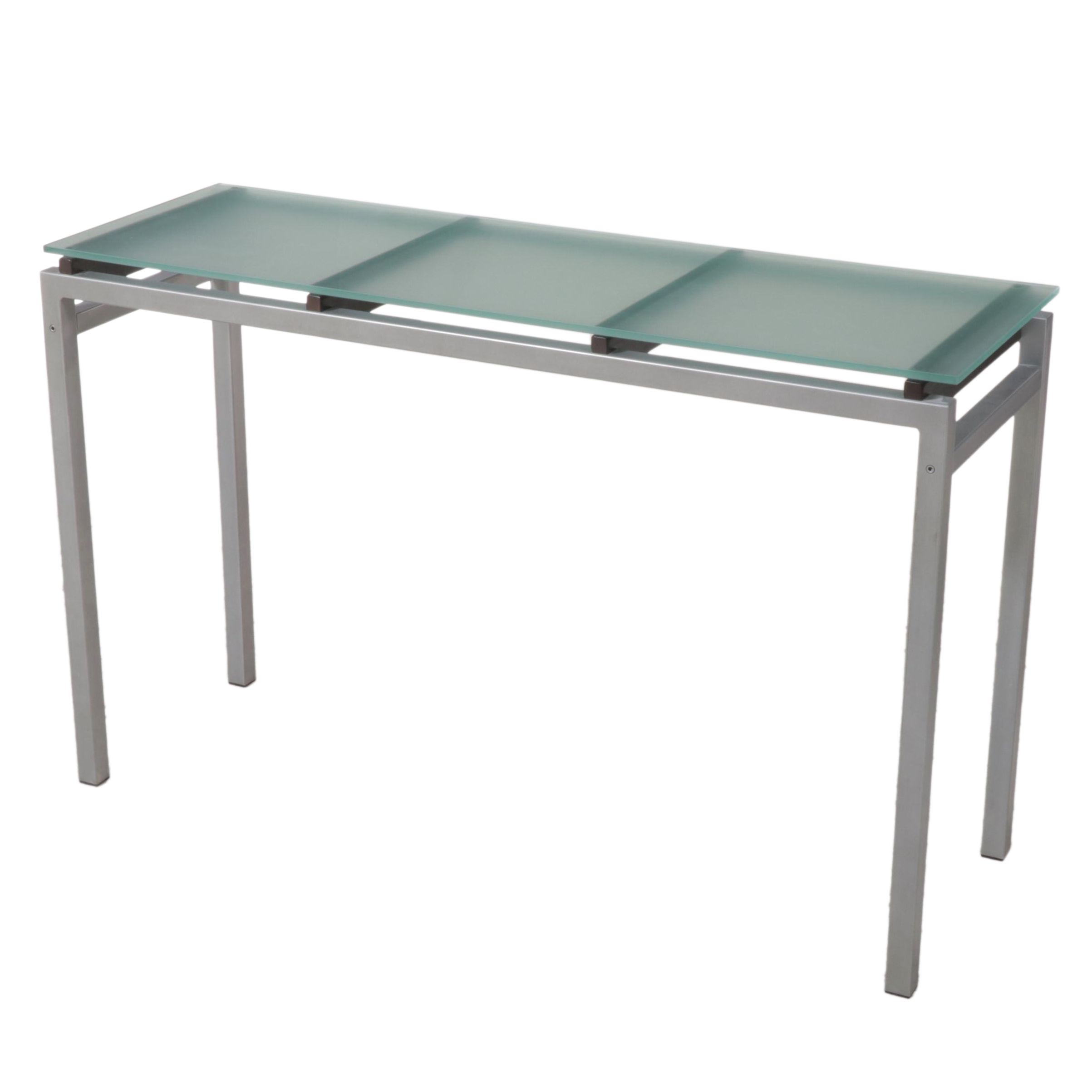 Modernist Style Metal, Slatted Wood, and Frosted Glass Console Table