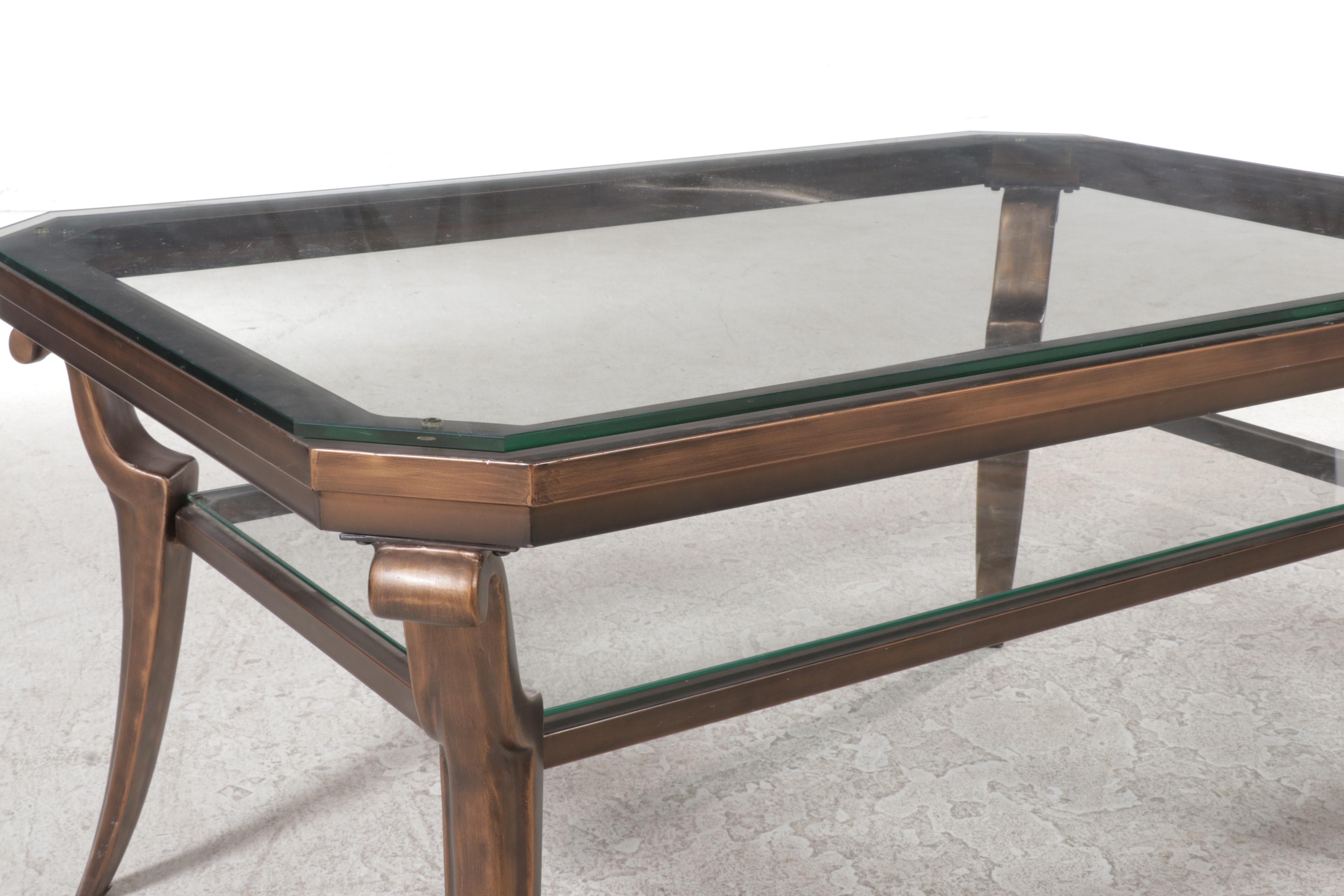Contemporary Bronze-Patinated Metal and Glass Top Coffee Table and Side Table