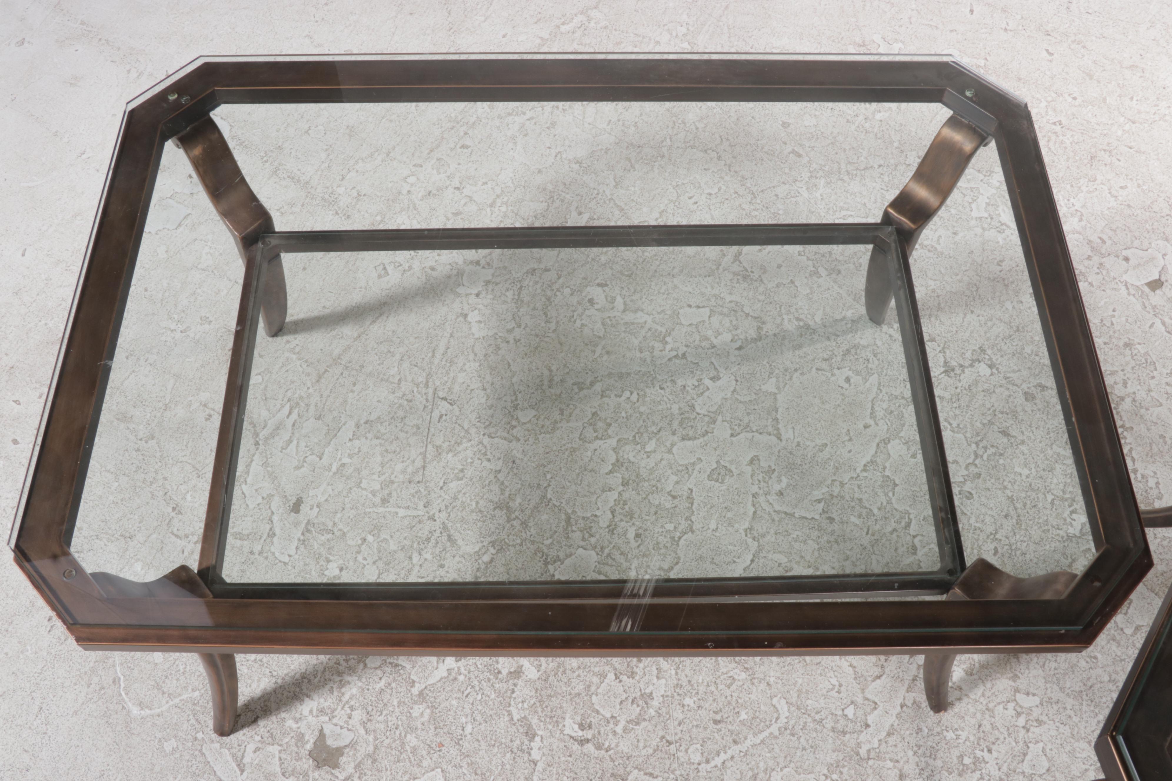 Contemporary Bronze-Patinated Metal and Glass Top Coffee Table and Side Table
