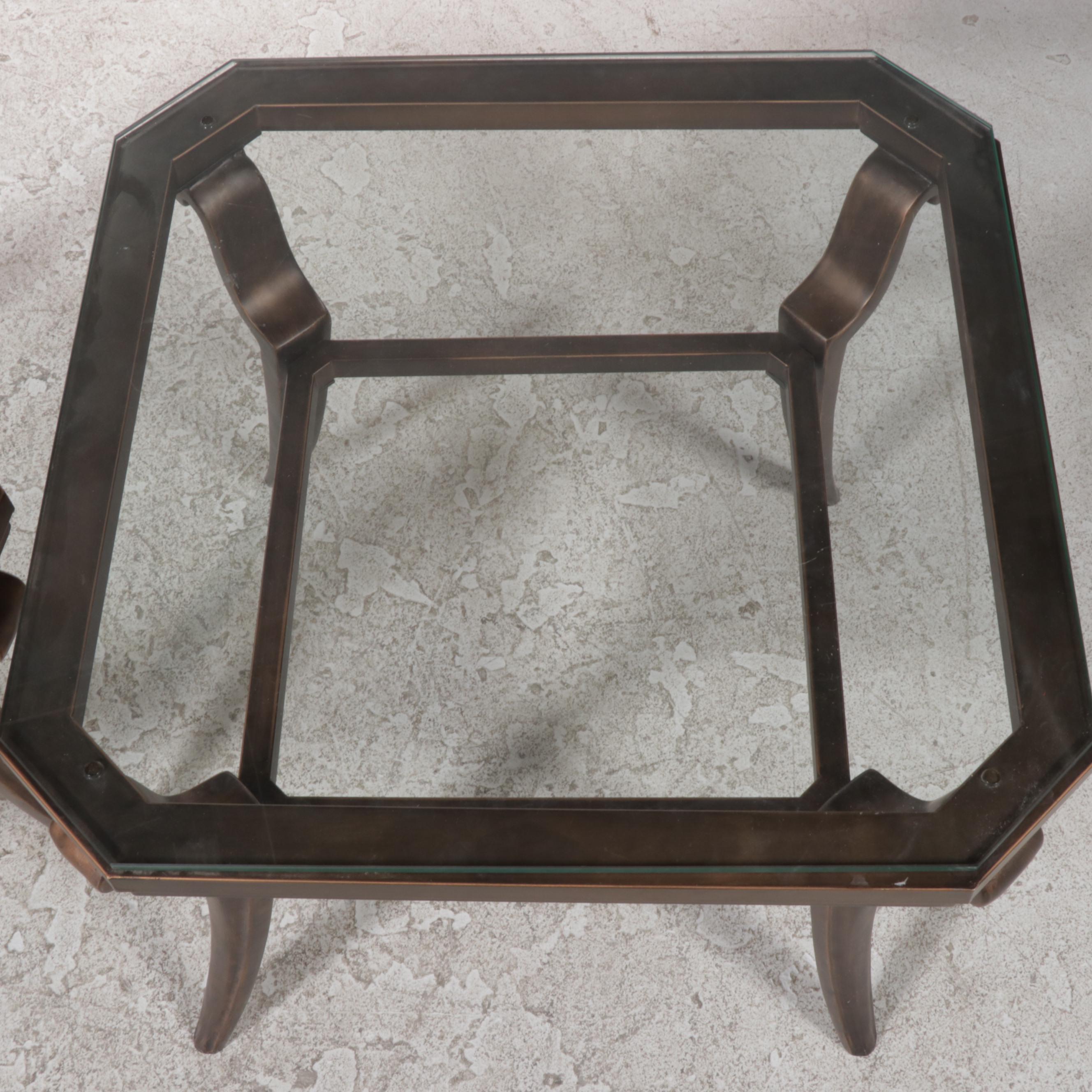 Contemporary Bronze-Patinated Metal and Glass Top Coffee Table and Side Table