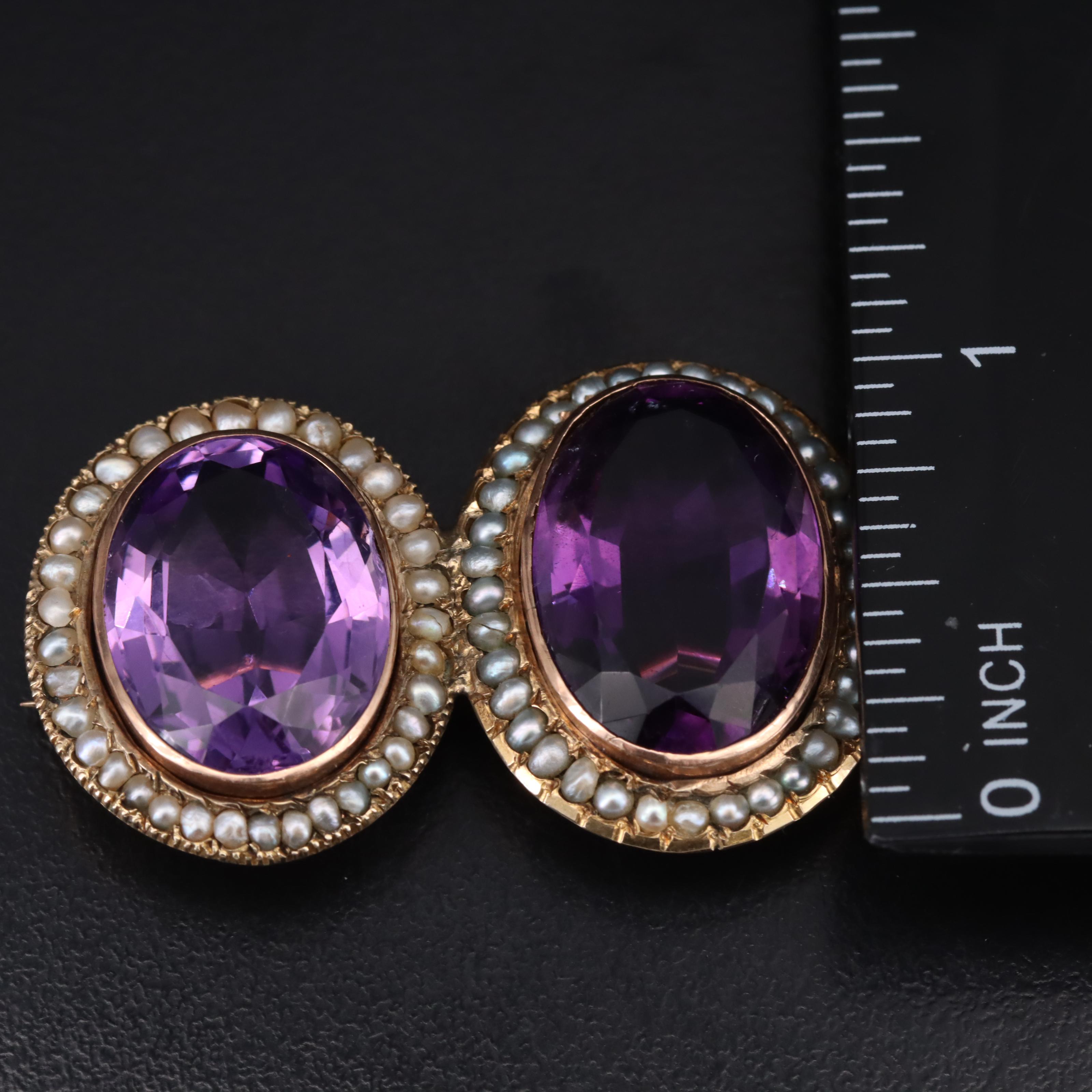 Antique 14K Amethyst and Seed Pearl Brooch