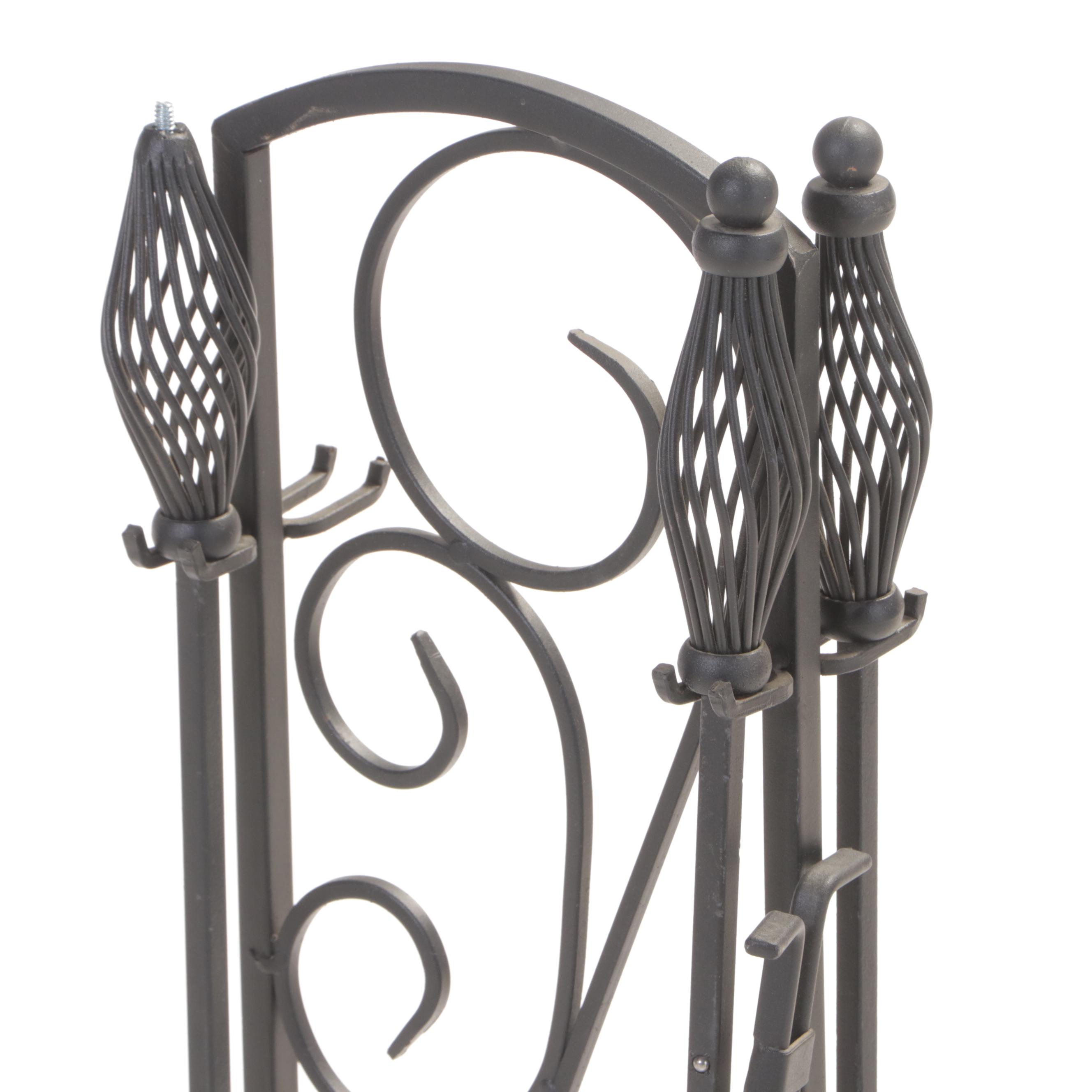 Three-Piece Iron Fireplace Tool Set on Stand