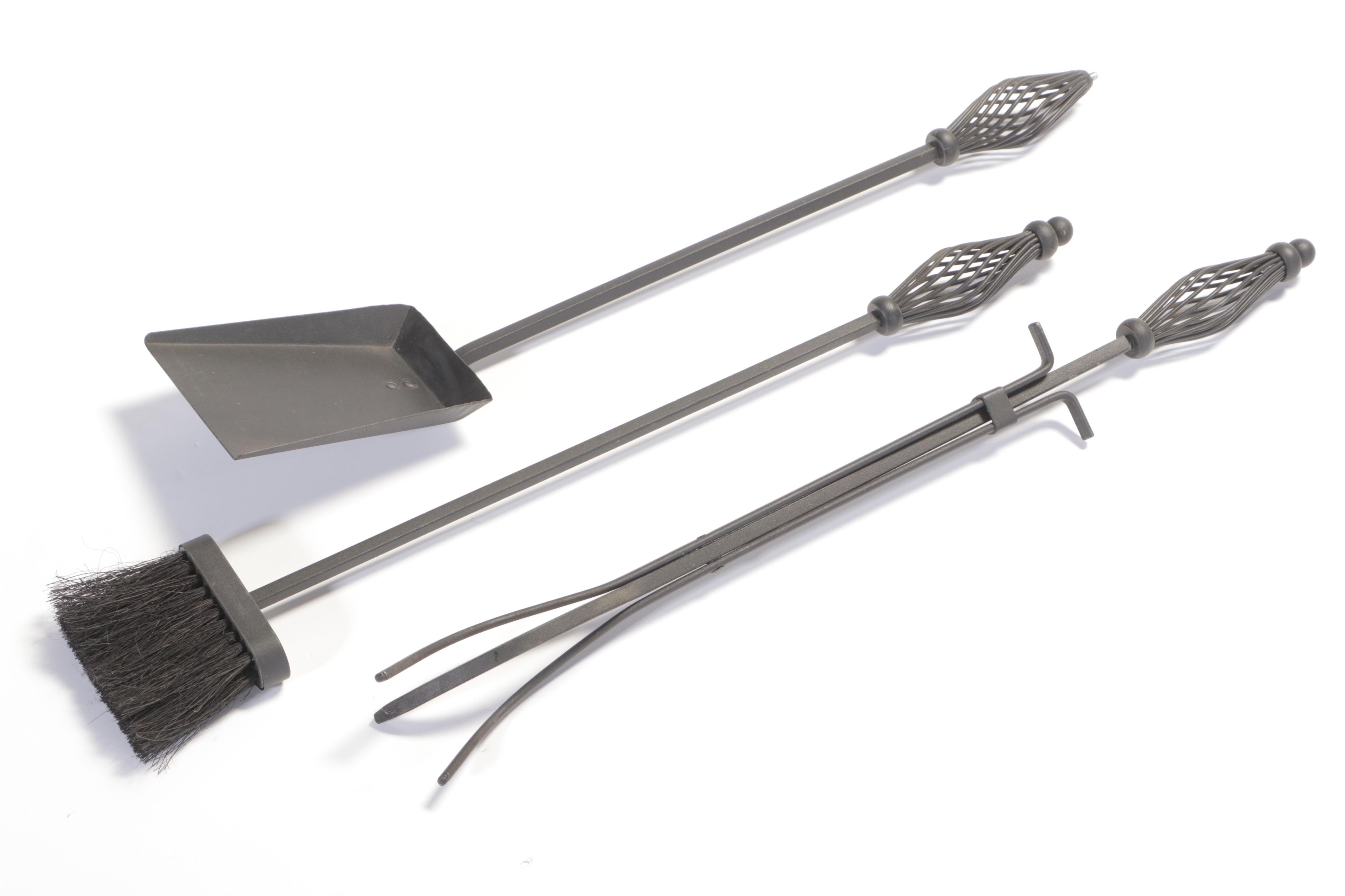 Three-Piece Iron Fireplace Tool Set on Stand