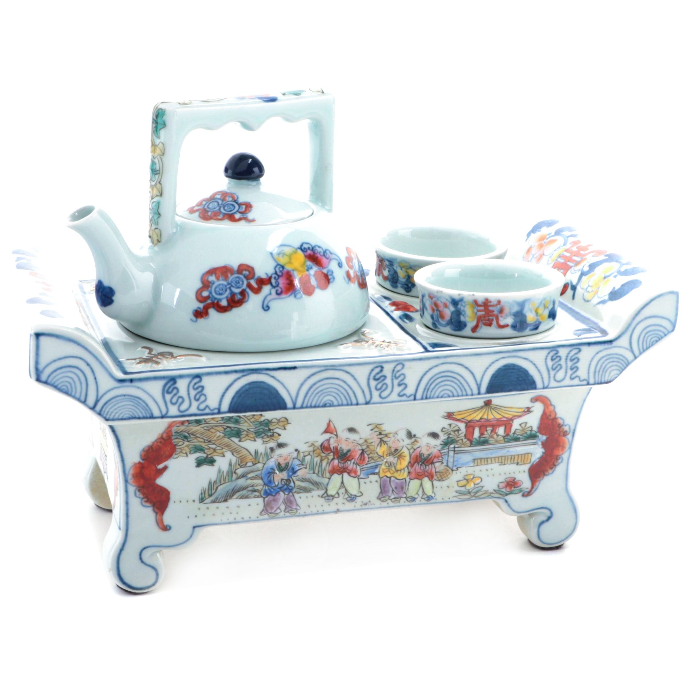 Chinese Porcelain Tea Set with Stand, 20th Century