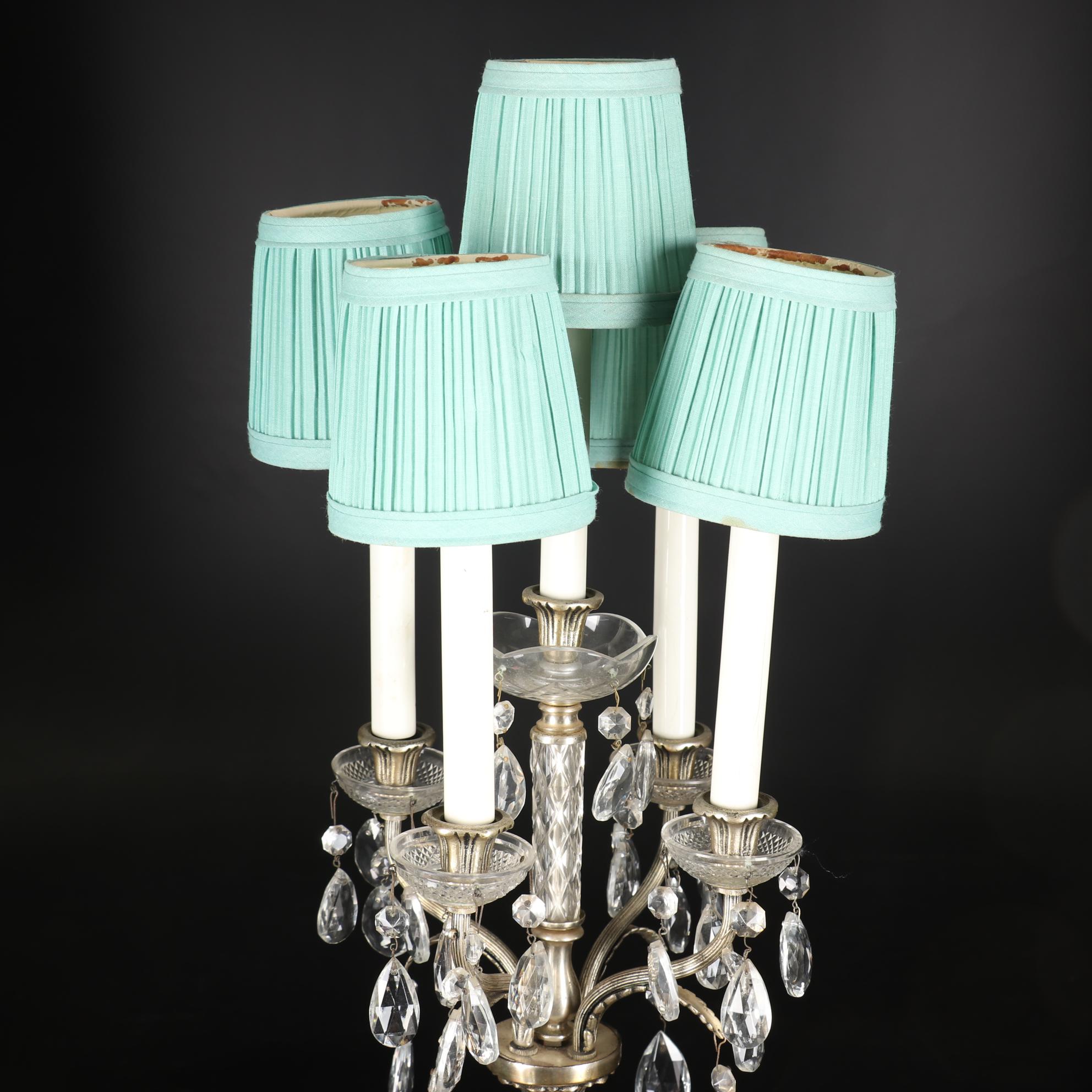Metal and Glass Candelabra Table Lamp with Crystal Prisms