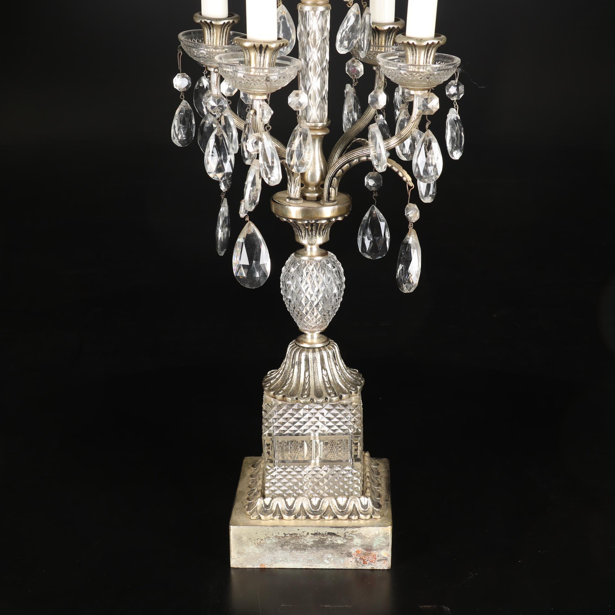 Metal and Glass Candelabra Table Lamp with Crystal Prisms