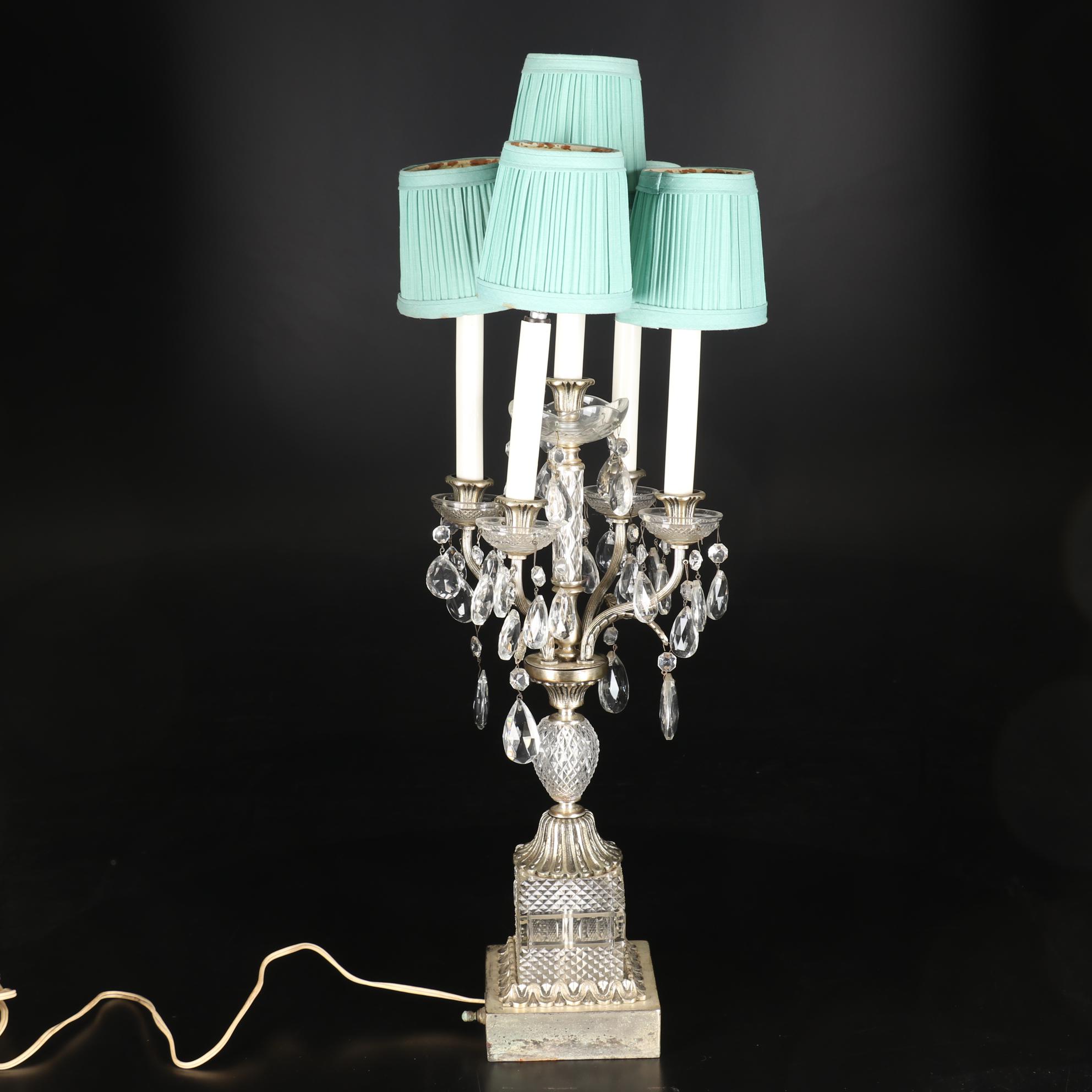 Metal and Glass Candelabra Table Lamp with Crystal Prisms