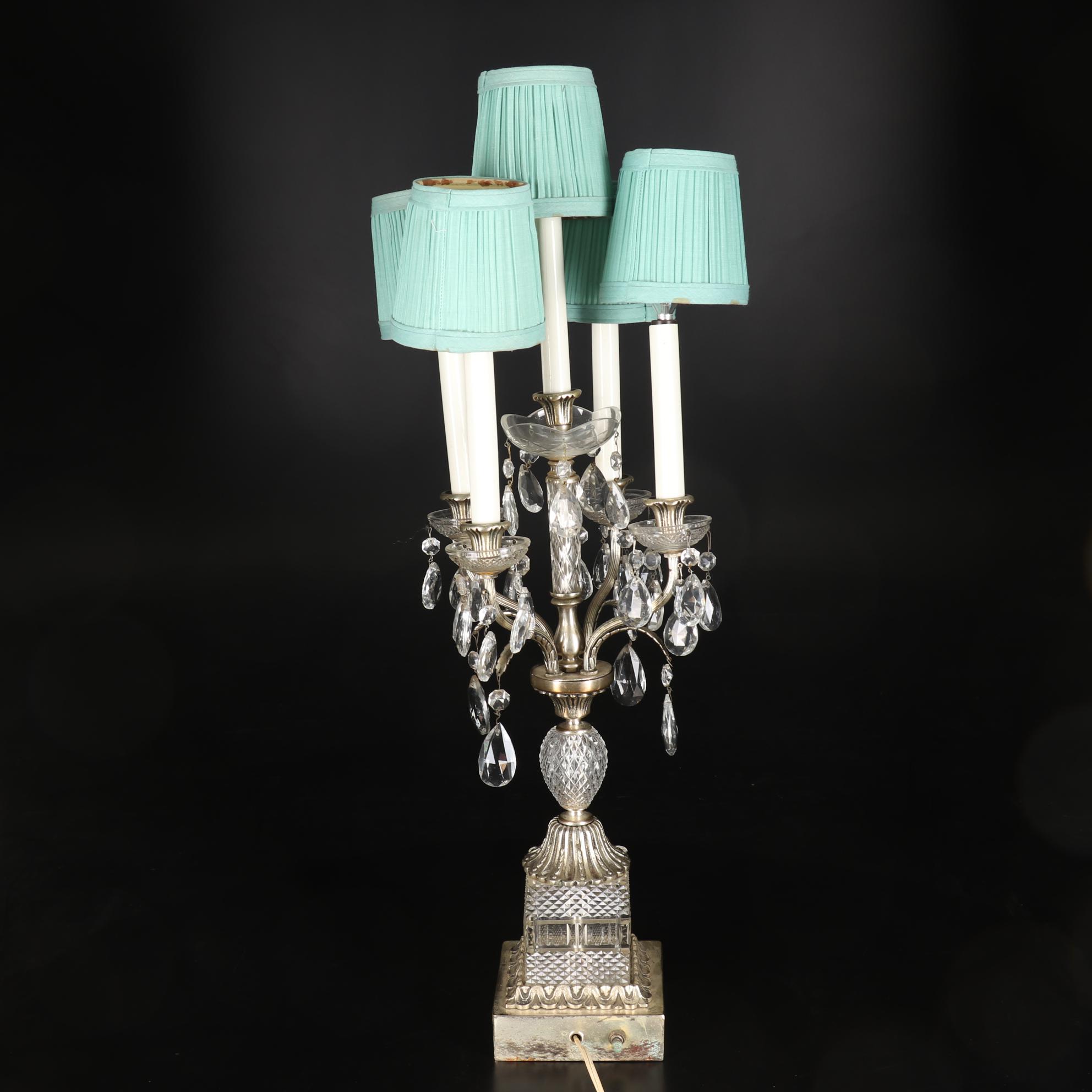 Metal and Glass Candelabra Table Lamp with Crystal Prisms